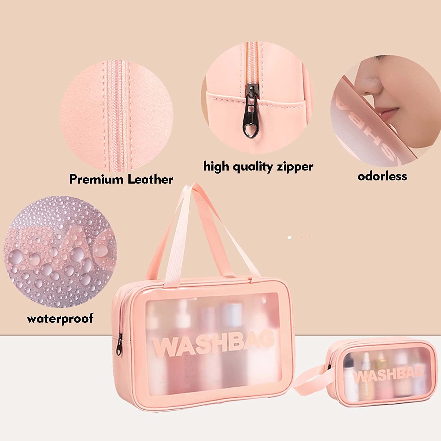 Waterproof PVC Clear Toiletry Bag for Women & Men - Travel Makeup Cosmetic Organizer with Zipper, Portable Carry Pouch (Set of 2 Pink Bags) - Perfect for Gym, Travel, and Daily Essentials Storage