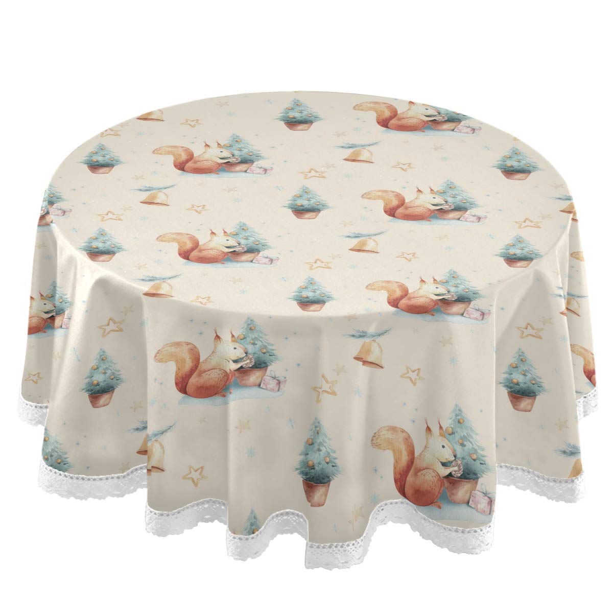 Watercolor Christmas Squirrel Round Tablecloth - 60 Inch Classic Animal Polyester White Lace Table Cover for Holiday Party Decor, Dinner Table Setting & Festive Home Decoration