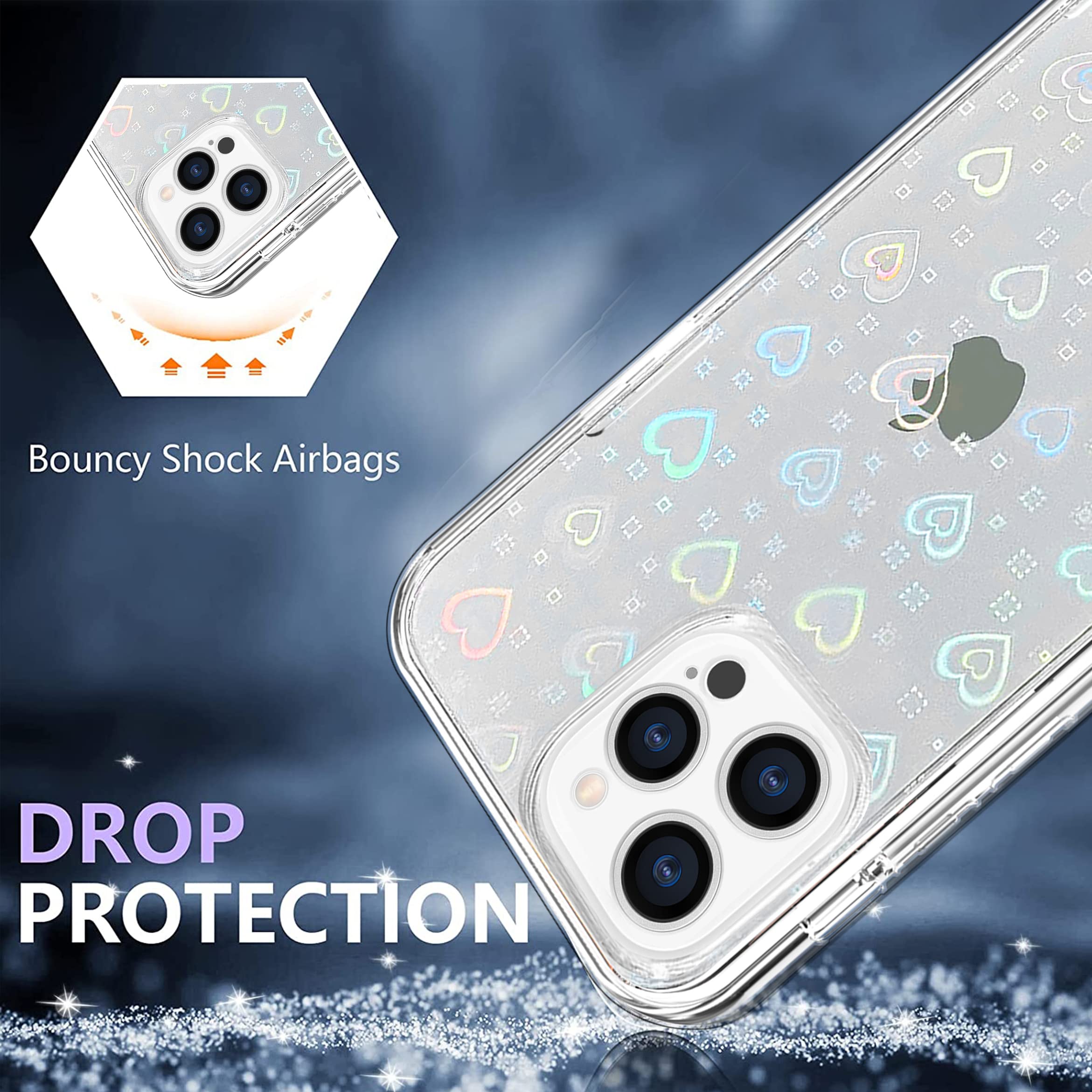 MZELQ iPhone 13 Pro Max Case with Laser Bling Glitter Rainbow Heart Design - Luxury Crystal Phone Cover for Women & Girls + Screen Protector | Perfect for Everyday Use, Parties & Gift Giving