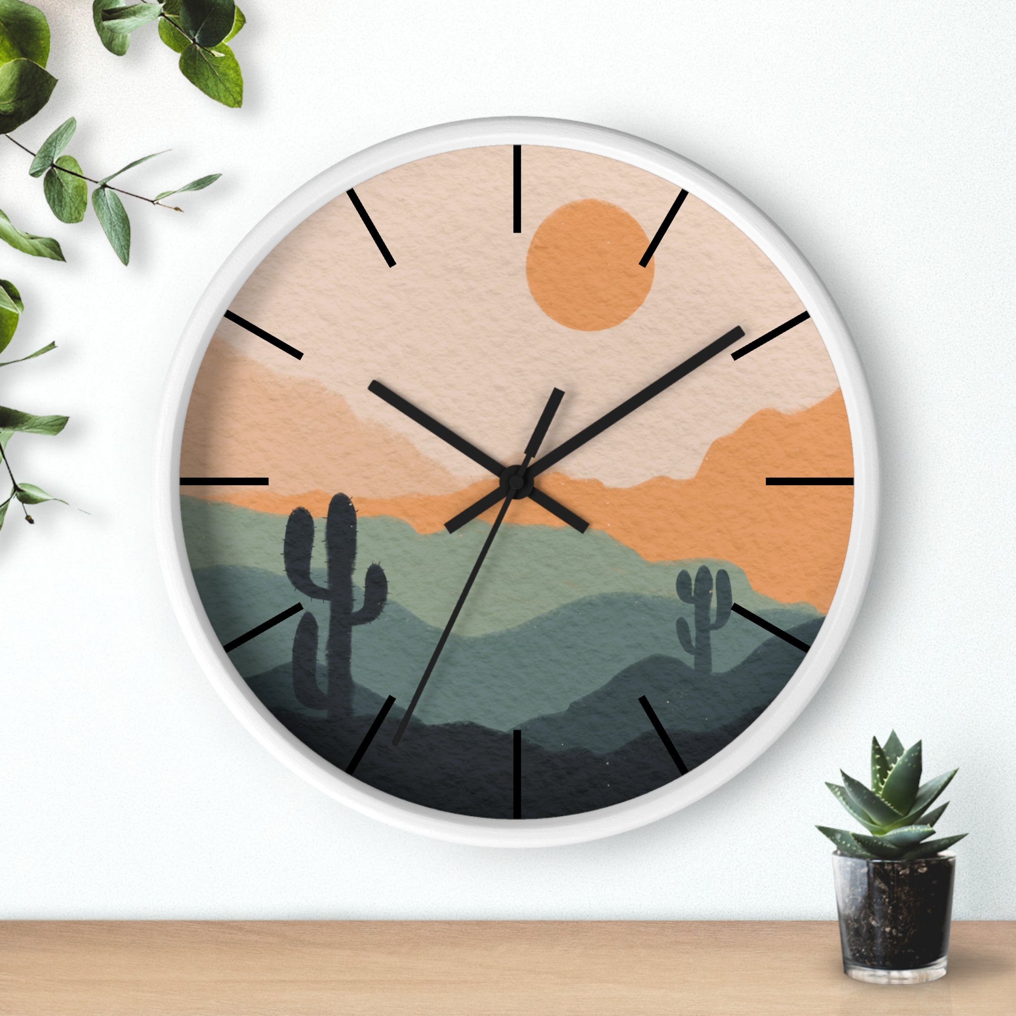 Silent Ticking Wall Clock - Rustic Desert Decor with 10 Inch Wood or Plastic Frame & Plexiglass - Southwestern Theme Home Office Decor for Living Room, Bedroom, Kitchen