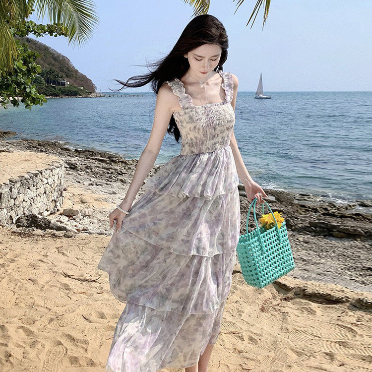 Floral Spaghetti Strap Dress for Women - Summer French Sweet Cake Dress 776 | Perfect for Beach Vacations, Garden Parties & Date Nights