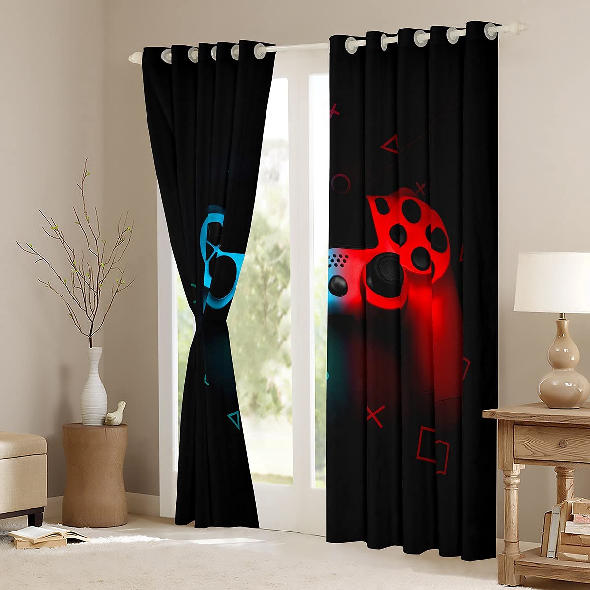 Gaming Window Curtains for Teens - Pixel Cube Abstract Design with Grommets in Black, Red & Blue - 42x90 Inch Video Game Room Decor for Boys & Girls - Perfect for Bedroom, Game Room & Streaming Setup
