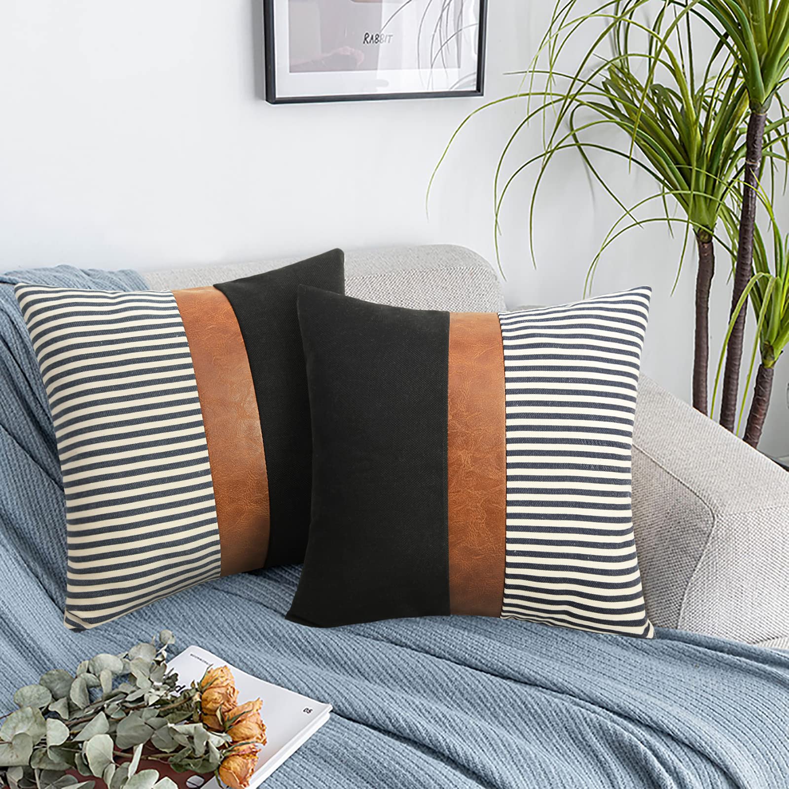 Premium 22x22 Inch Linen Pillow Covers Set of 2 - Farmhouse Stripe Patchwork Design with Faux Leather Accents - Navy Blue Decorative Throw Pillow Covers for Sofa, Couch & Bed - Perfect for Living Room, Bedroom & Home Decor