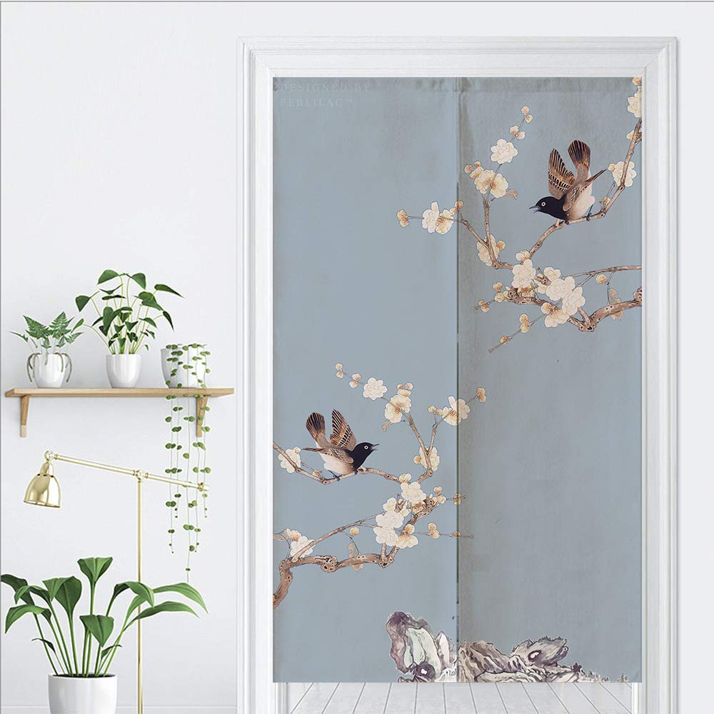Japanese Noren Door Curtain - Traditional Asian Cotton Tapestry with Floral Bird Design (33.5