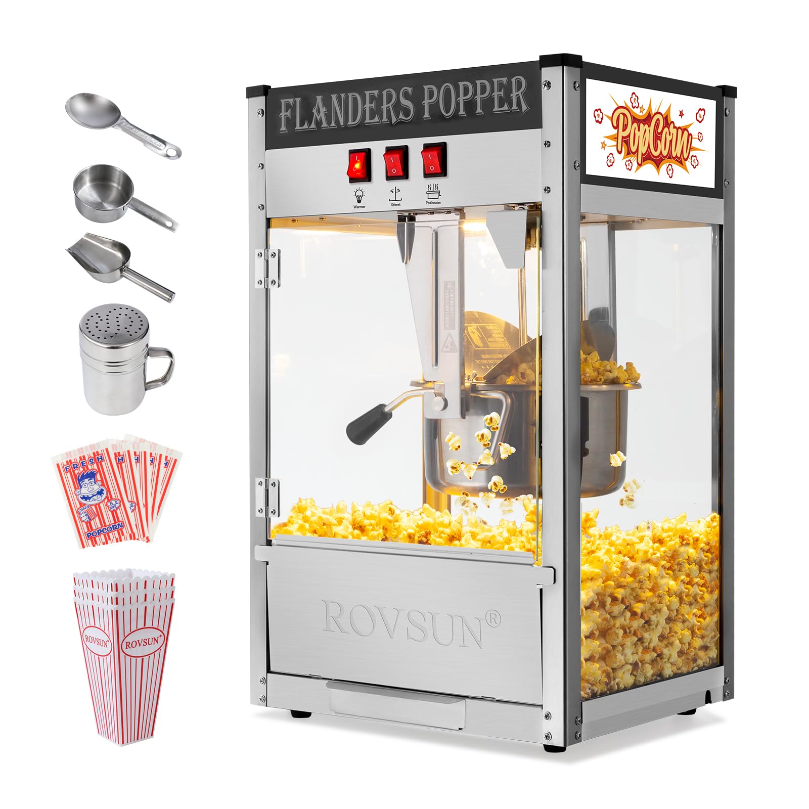 ROVSUN 10oz Commercial Popcorn Machine - Movie Theater Style Countertop Popcorn Popper Makes 4 Gallons, Includes Stainless Steel Scoop, Oil Spoon, Bags & 3 Cups (Black) - Perfect for Home Theater, Parties, Carnivals and Snack Bars