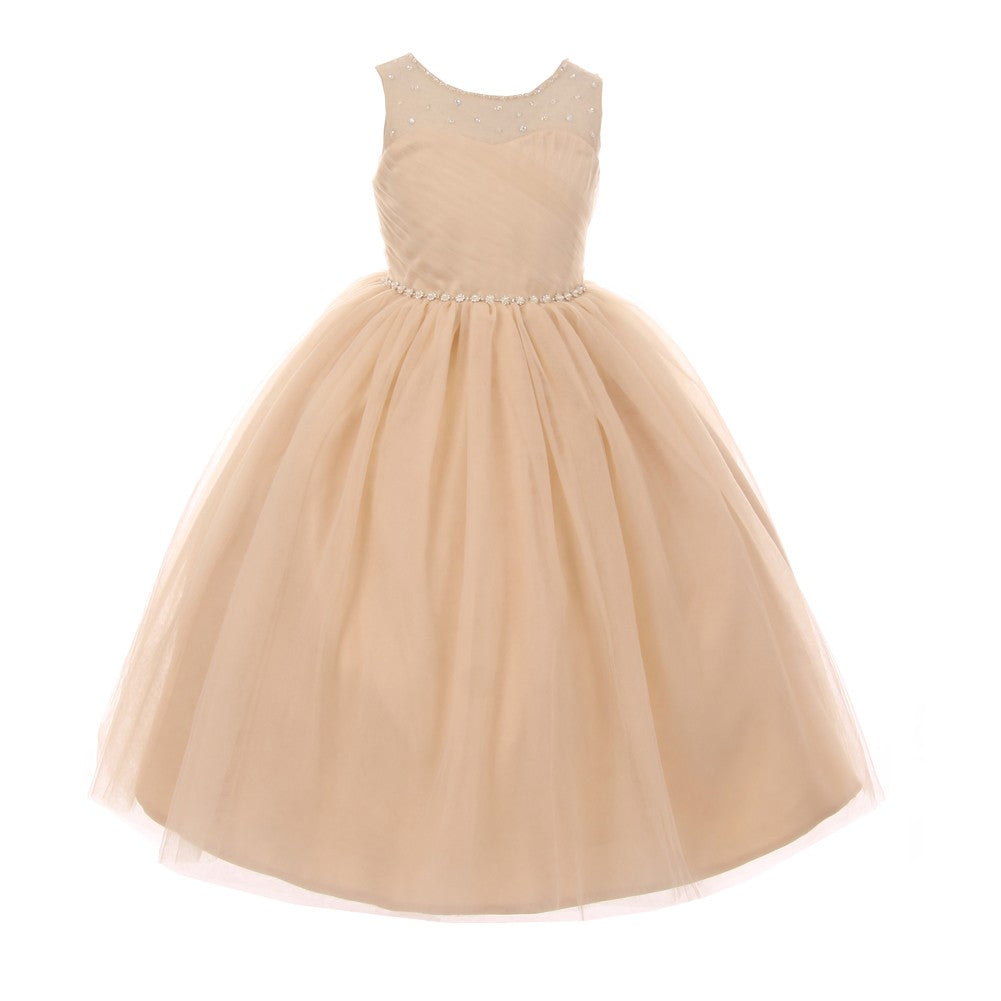 Champagne Pearl Rhinestone Tulle Junior Bridesmaid Dress for Big Girls Size 8-12 | Elegant Flower Girl & Special Occasion Party Gown