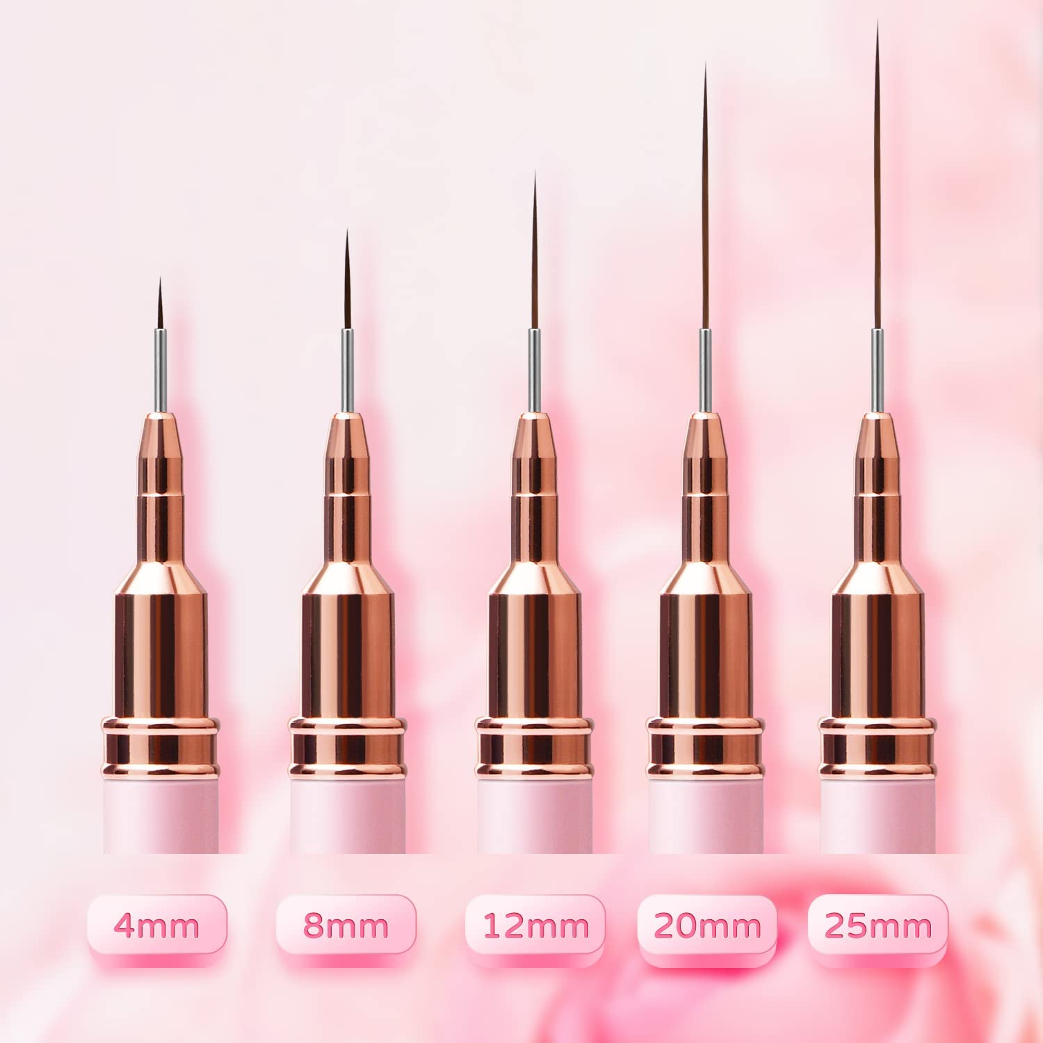5PC Professional Nail Art Liner Brush Set - Ultra Thin Detailing Brushes for Gel Polish & Acrylic Nails (4/8/12/20/25mm, Pink Metal Handle) - Perfect for Salon, Home Manicures & Creative Nail Designs