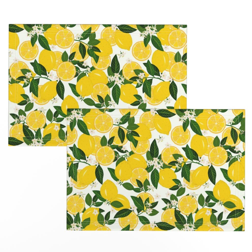 Linen Cotton Canvas Placemats Set of 2 - Yellow Lemon Blossom Citrus Print Table Mats | Summer Kitchen Decor, Dining Table Setting, Picnic Accessories
