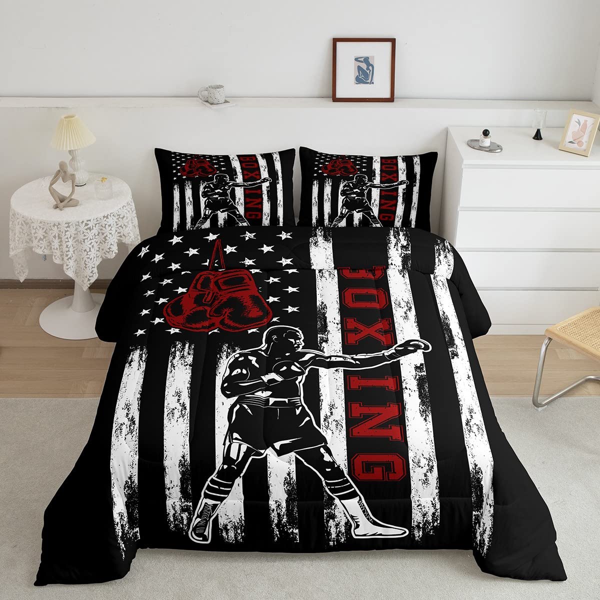 American Flag Comforter Set Twin Size - Boxing & Gaming Themed Quilt Set for Kids & Teens - 2pc Black & White Striped Bedding with Duvet Insert & Pillowcase - Perfect for Boys Bedroom Decor & Sports Fans