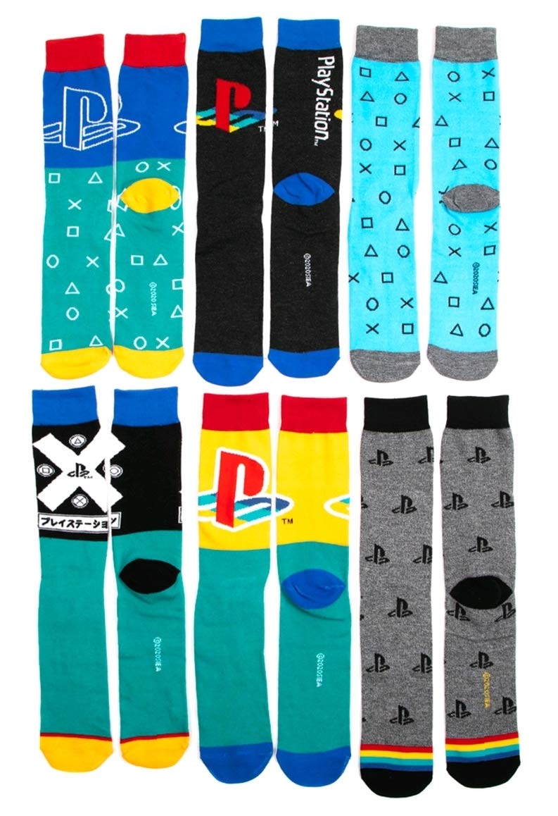 PlayStation Video Game Socks for Men - 6 Pack Crew Socks with Gaming Patterns - Comfortable Cotton Socks for Gamers, Casual Wear & Gift Giving