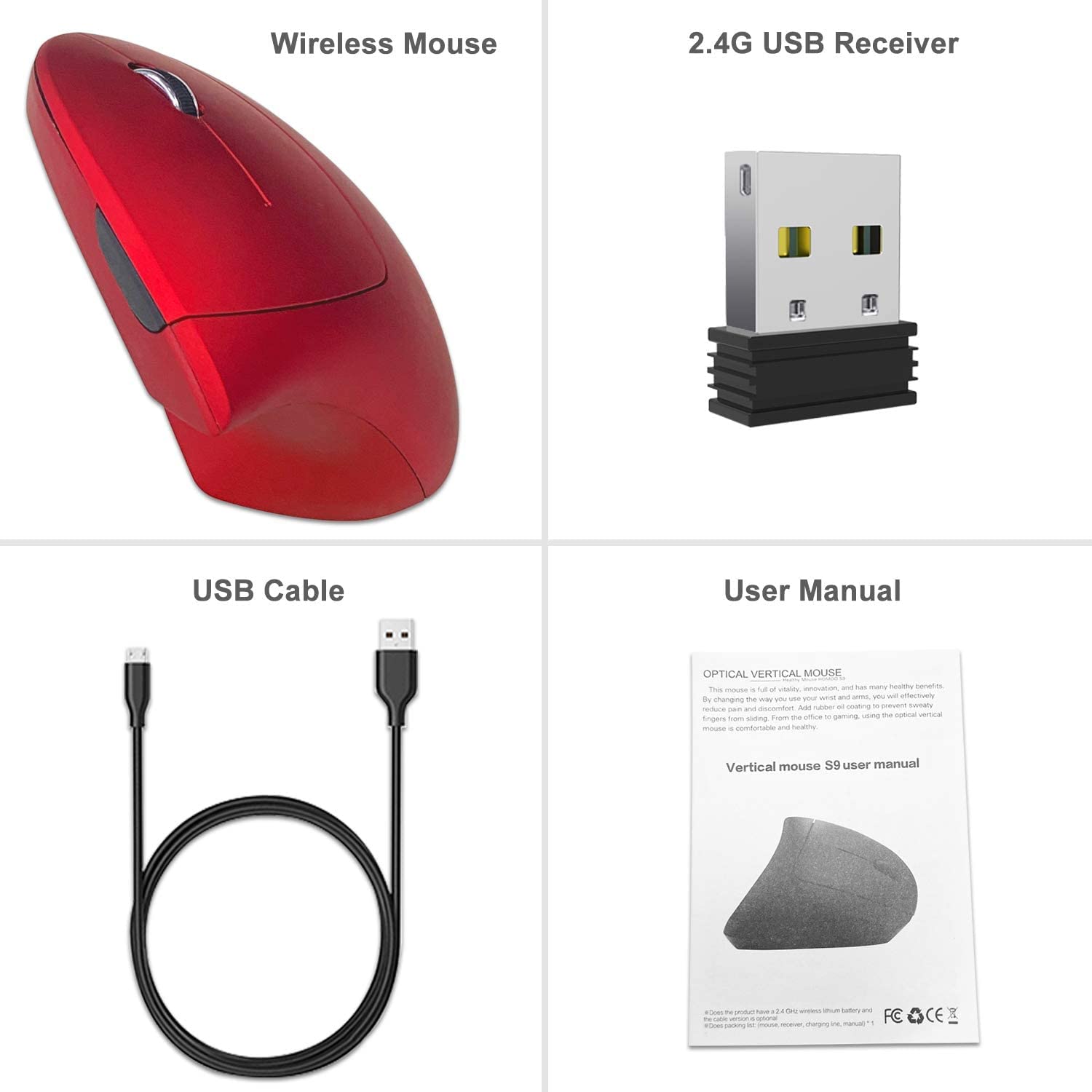 Vassink Ergonomic Rechargeable Wireless Mouse - 2.4GHz Vertical Optical Mouse with USB Receiver, 6 Buttons, 800/1200/1600 DPI Adjustable, Red - Perfect for Office, Gaming & Home Use