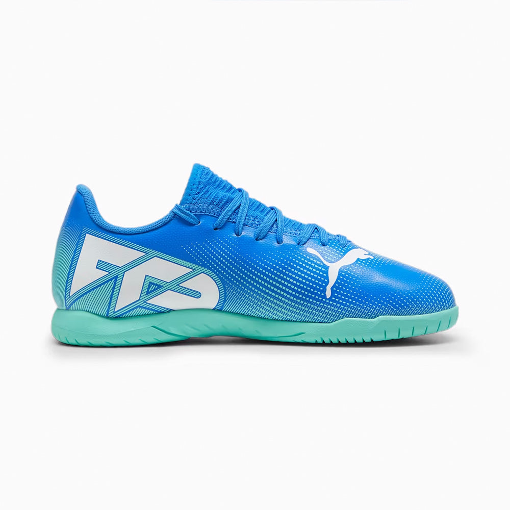 Puma Future 7 Play IT Junior Indoor Soccer Shoes for Kids - Hyperlink Blue/Mint - Perfect for Indoor Training & Youth Football Games