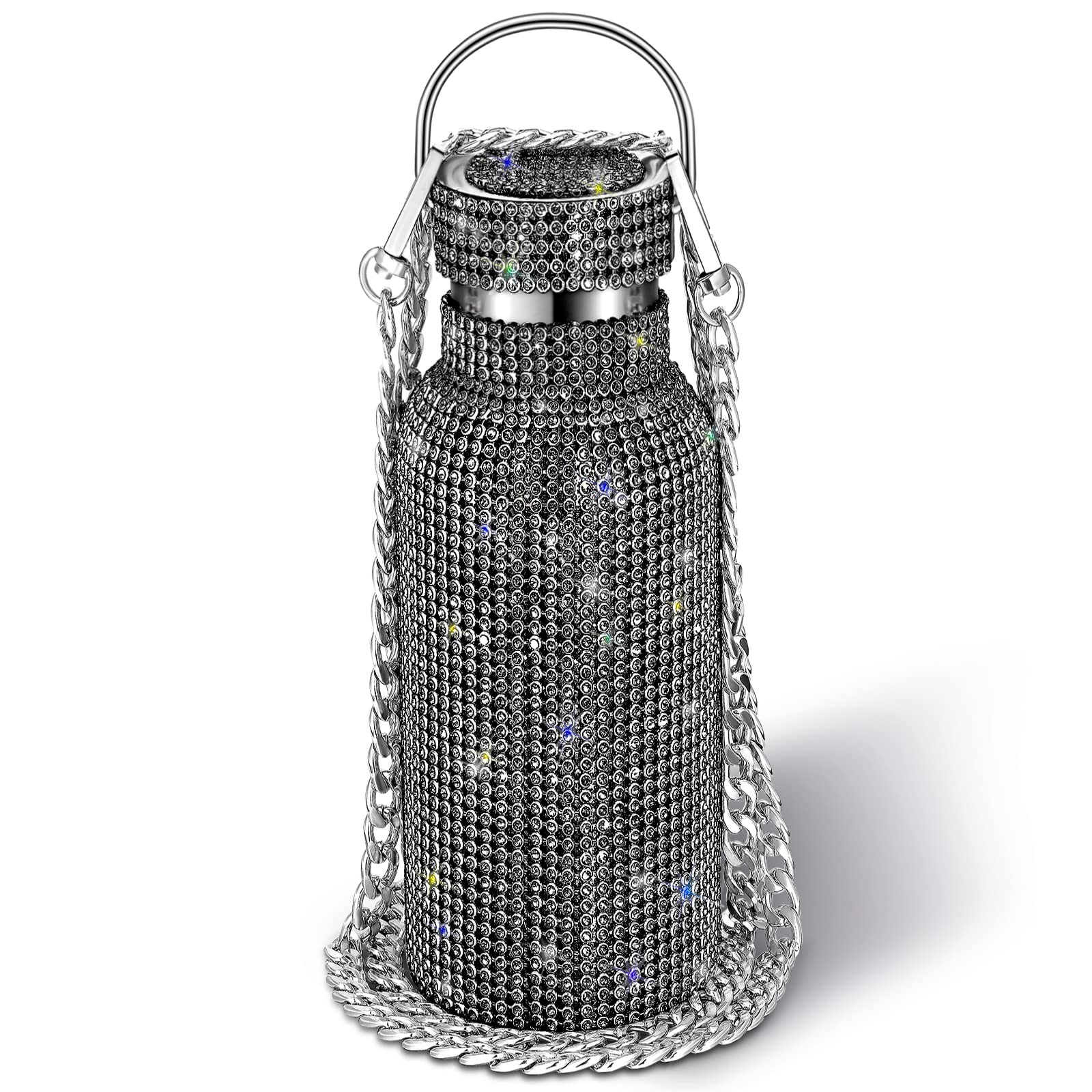 Sparkling Diamond Rhinestone Stainless Steel Insulated Water Bottle - 500ml Thermal Flask with Chain, Glitter Design for Women & Girls (Black) | Perfect Gift for Gym, Office, Travel & Outdoor Activities