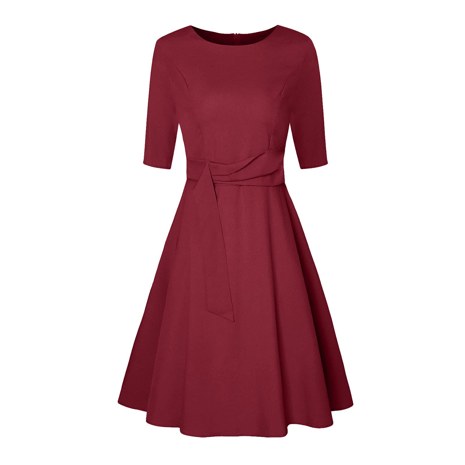 Women's A-Line Swing Midi Dress with 3/4 Ruched Sleeves & V-Neck - Elegant Round Neck Casual & Party Wear for Women | Perfect for Office, Date Night & Special Occasions