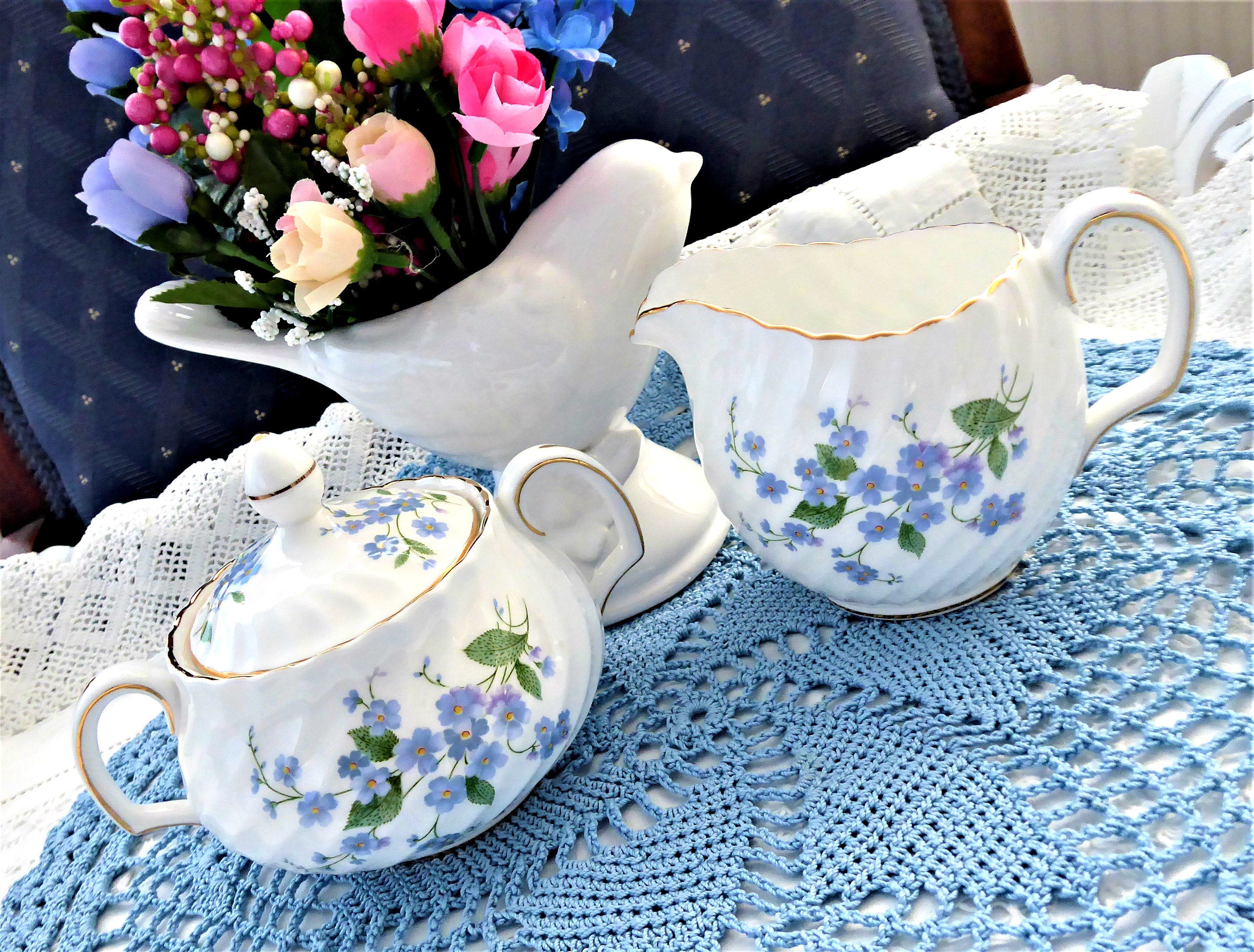 Vintage 1960s Royal Adderley English Bone China Tea Cup & Saucer Set - Blue Forget-Me-Not Floral Pattern - Perfect for Afternoon Tea, Collectible Fine China, and British Cottage Decor