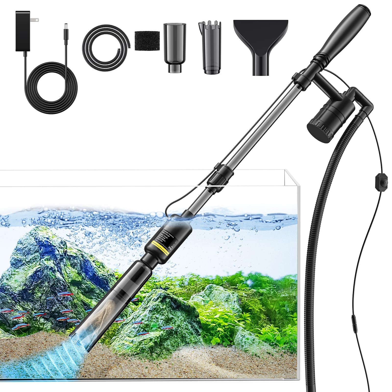 Electric Aquarium Gravel Cleaner & Vacuum - 530GPH/32W Powerful Fish Tank Cleaner with Adjustable Water Flow, Sand Washer & Water Changer for Freshwater/Saltwater Tanks - Perfect for Weekly Maintenance & Deep Cleaning