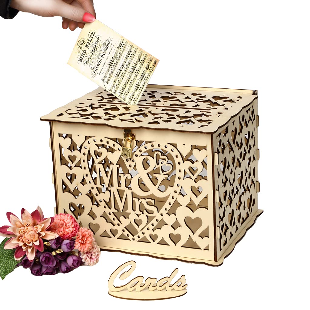Alnicov Wooden Wedding Card Box with Lock Slot - DIY Money Gift Box for Wedding, Anniversary, Birthday & Graduation Parties - Large Size Mr & Mrs Decorative Keepsake - Perfect for Reception Decor & Cash Gift Collection