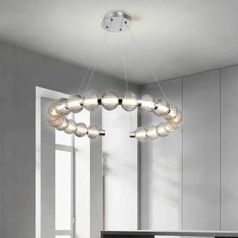 Modern Circular Ring Chrome LED Pearl Chandelier - Elegant Ceiling Light Fixture for Dining Room, Bedroom, or Living Room Decor