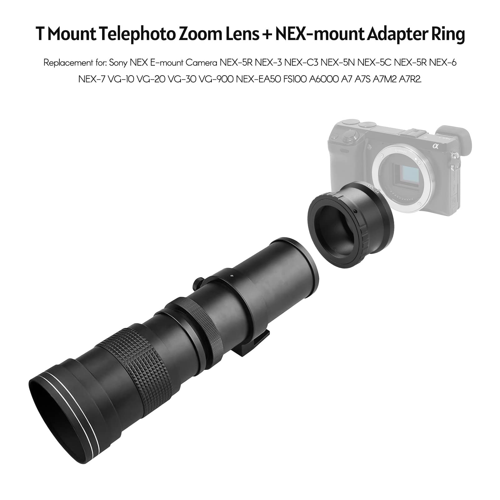 420-800mm Super Telephoto Zoom Lens for Sony NEX E-Mount Cameras | F/8.3-16 Aperture | T2 Mount Compatible with DSLR/SLR | Black | Perfect for Wildlife, Sports & Long-Distance Photography