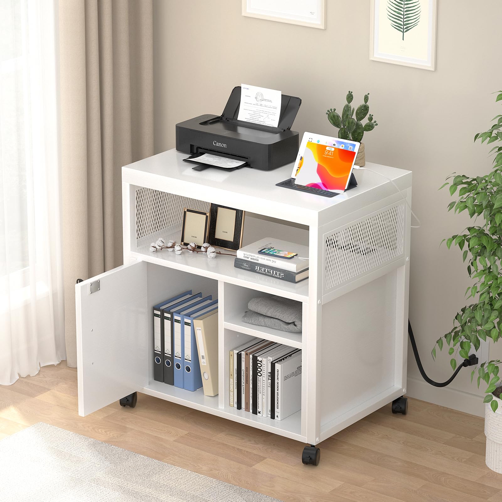 Unikito Rolling File Cabinet with USB Charging Port - Lockable Lateral Office Filing Cabinet with Wheels, Modern Printer Stand with Door & Open Storage - White | Perfect for Home Office, Small Business & Workspace Organization