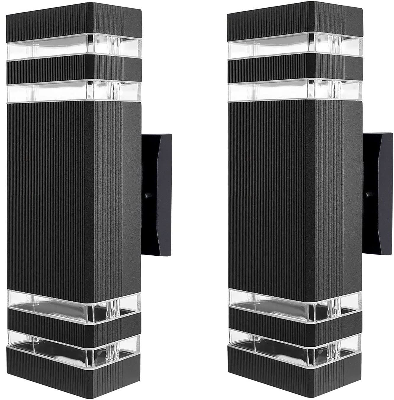 Modern Black LED Outdoor Wall Sconce Lights - 2 Pack Waterproof Exterior Wall Mount Lighting for Garage, Garden, Porch, Balcony & Entryway - Up/Down Square Design for Ambient & Security Lighting
