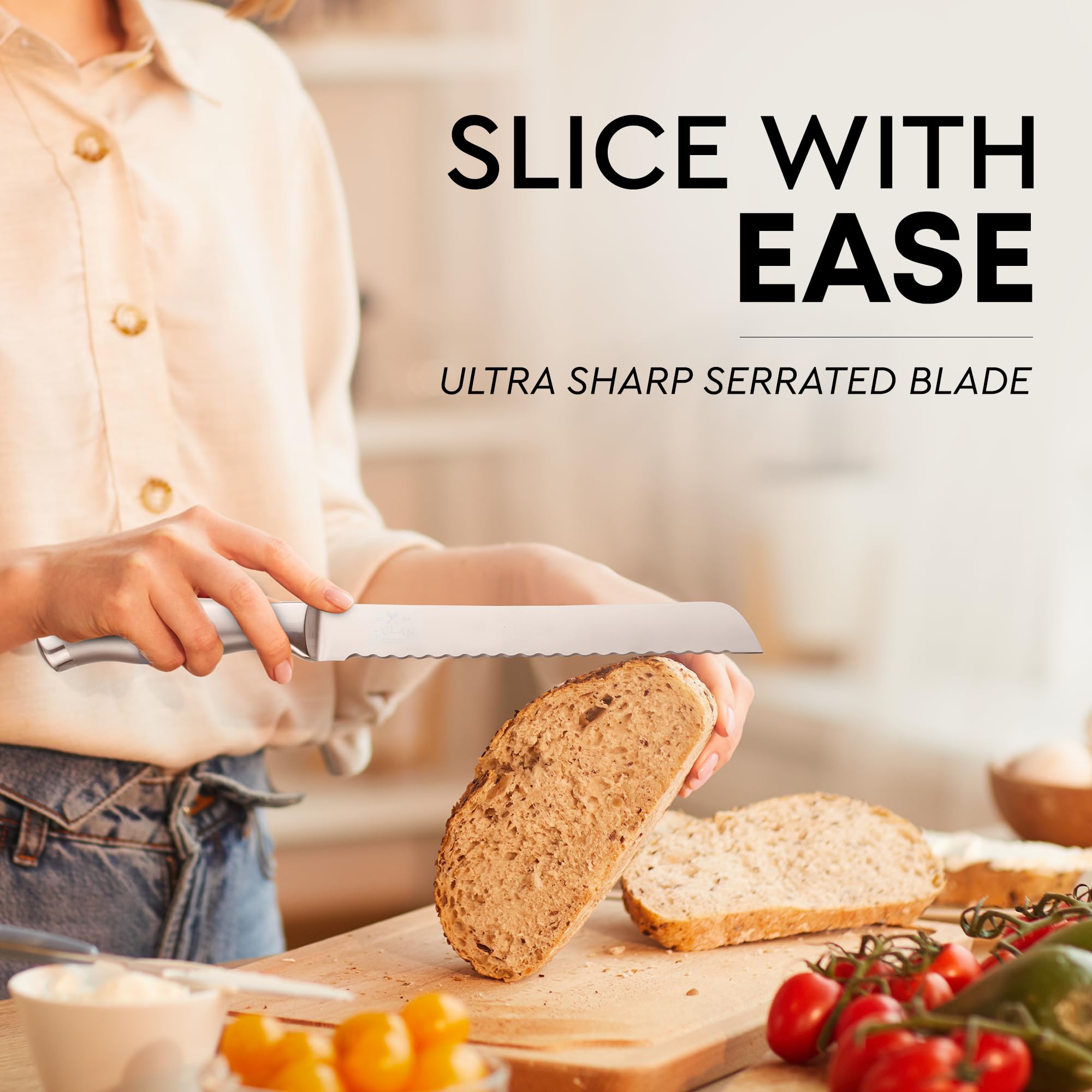 Zulay Kitchen 8-Inch Serrated Bread Knife - Ultra Sharp Stainless Steel Blade for Slicing Bread, Cakes, Bagels & Pastries - Ergonomic 5-Inch Handle - Perfect for Home Baking, Restaurants & Catering