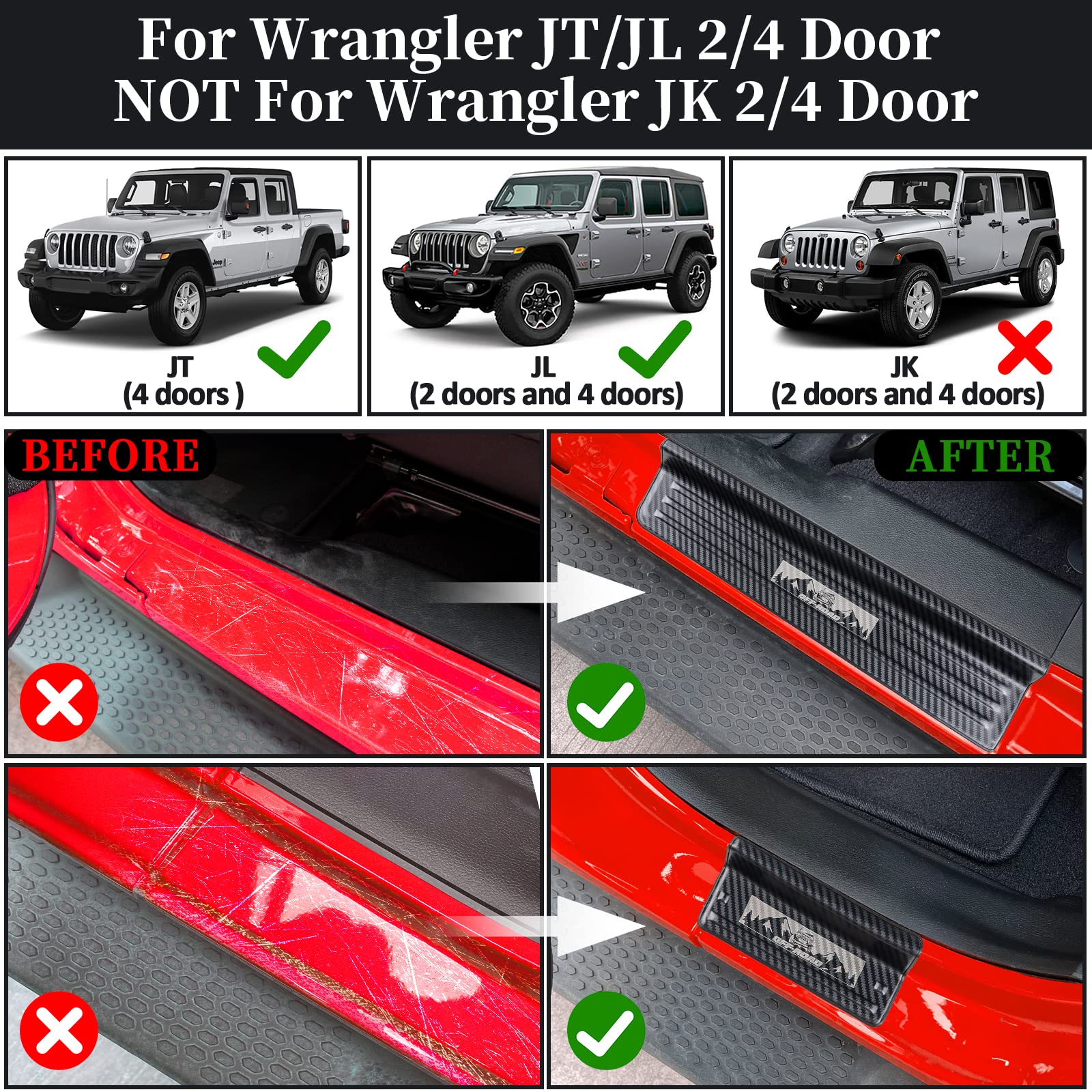 304 Stainless Steel Door Sill Guards with Carbon Fiber Pattern - Compatible with Jeep Wrangler JL/JLU (2018-2025) & Gladiator JT (2020-2025) - Durable Car Accessories for Off-Road Protection & Interior Style Enhancement
