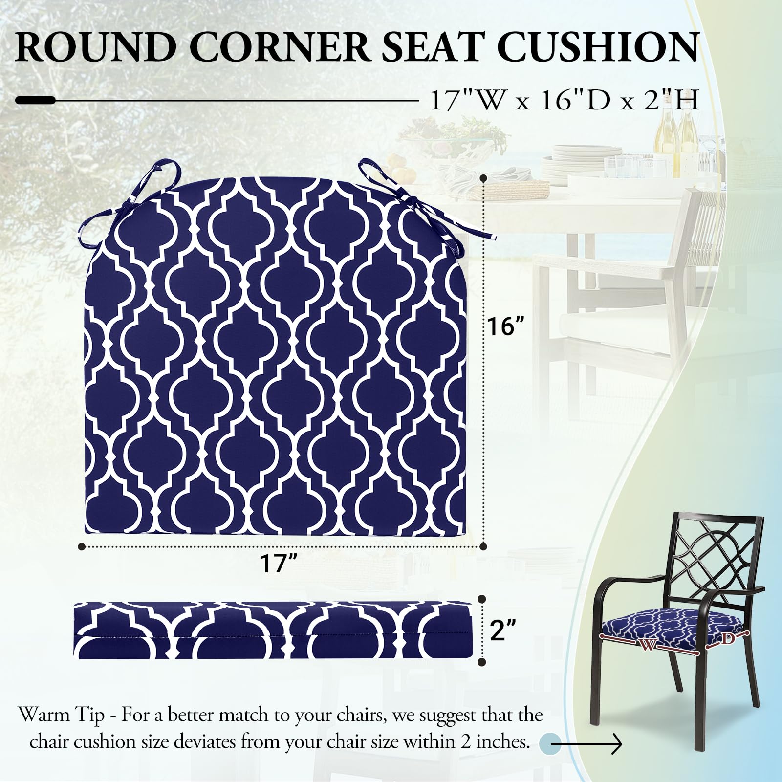 Outdoor Chair Cushions for Patio Furniture - Water Resistant Round Corner Seat Cushions Set of 4 (17