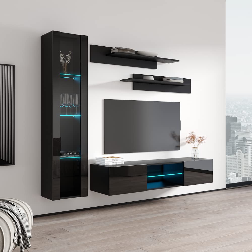 Fly G2 33-Inch Wall Mounted TV Stand - Modern Floating Entertainment Center with Storage Shelves & LED Lights for Bedroom & Living Room - Space-Saving Black TV Console for Small Apartments & Home Theater Setup