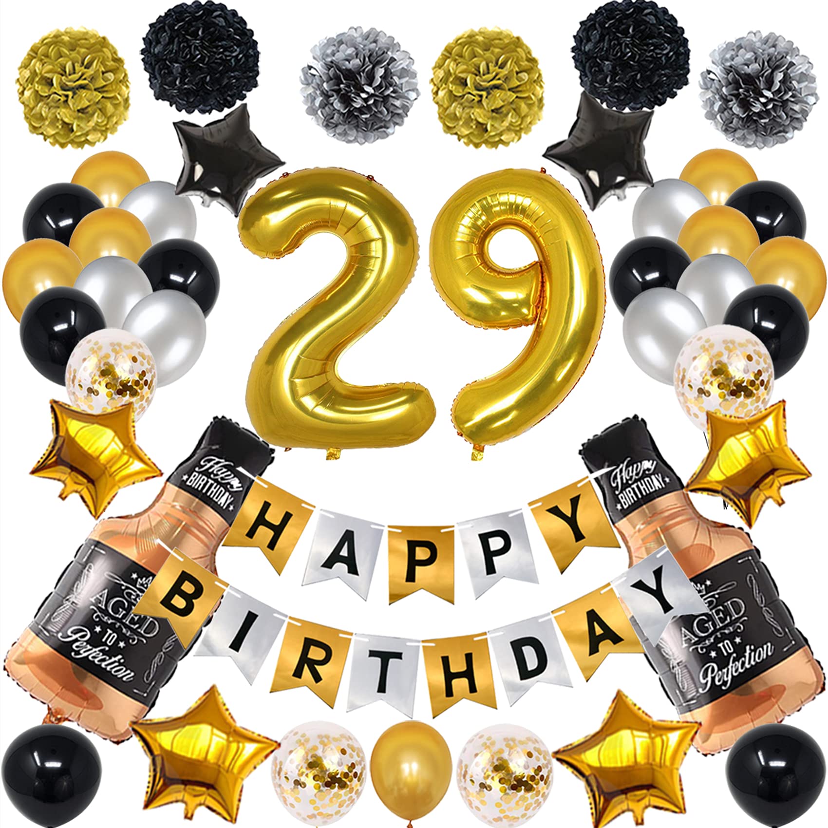 29th Birthday Party Decorations Set - Gold & Black Theme with Number Balloons & Banner for Men & Women | Perfect for 29th Birthday Celebrations, Milestone Parties & Adult Birthday Decorations