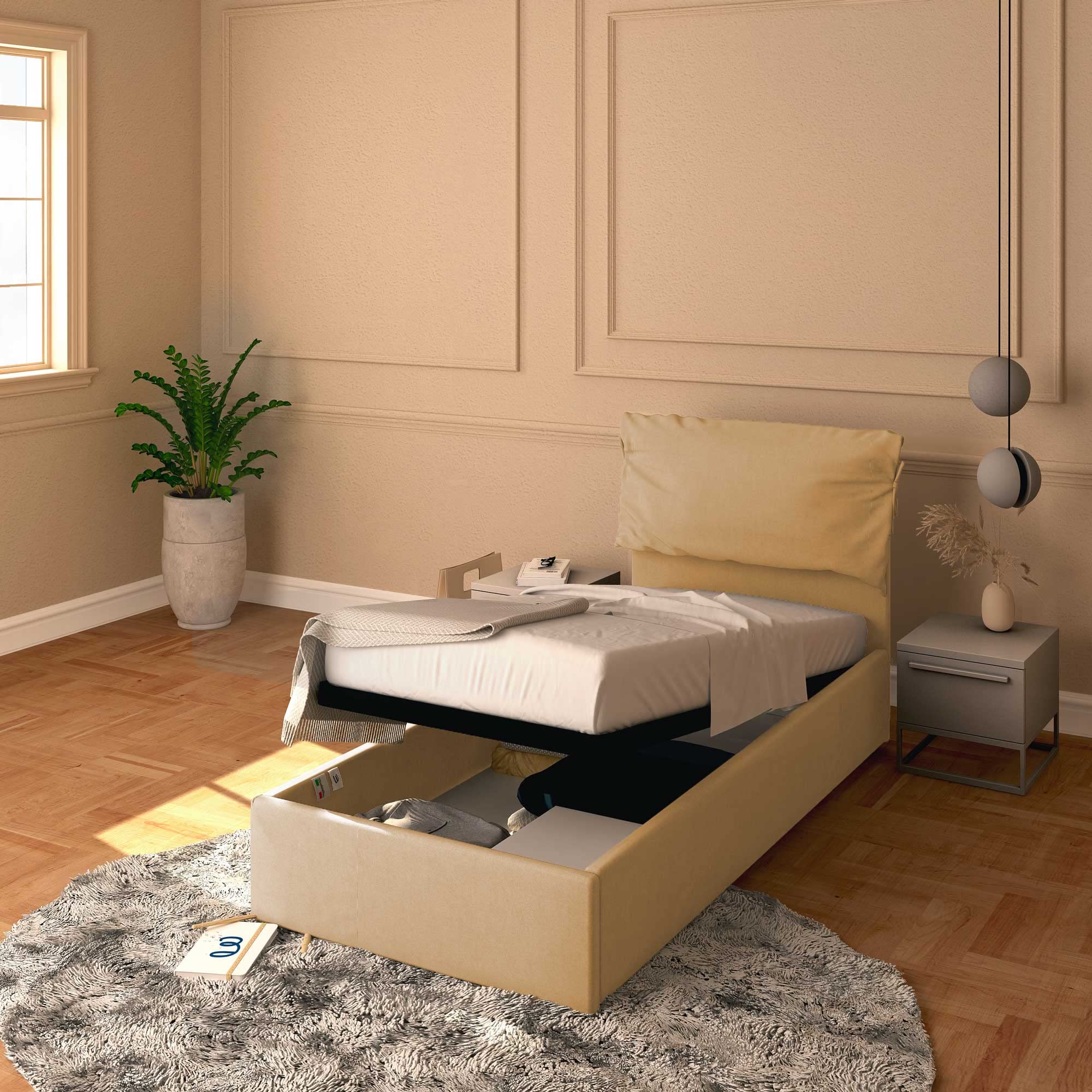 Baldiflex Single Bed with Storage - Licia Soft Synthetic Leather Upholstery, Slatted Base for Single Mattress, 90 x 190 cm, Padded Headboard, Beige Color | Perfect for Small Spaces, Guest Rooms & Studio Apartments