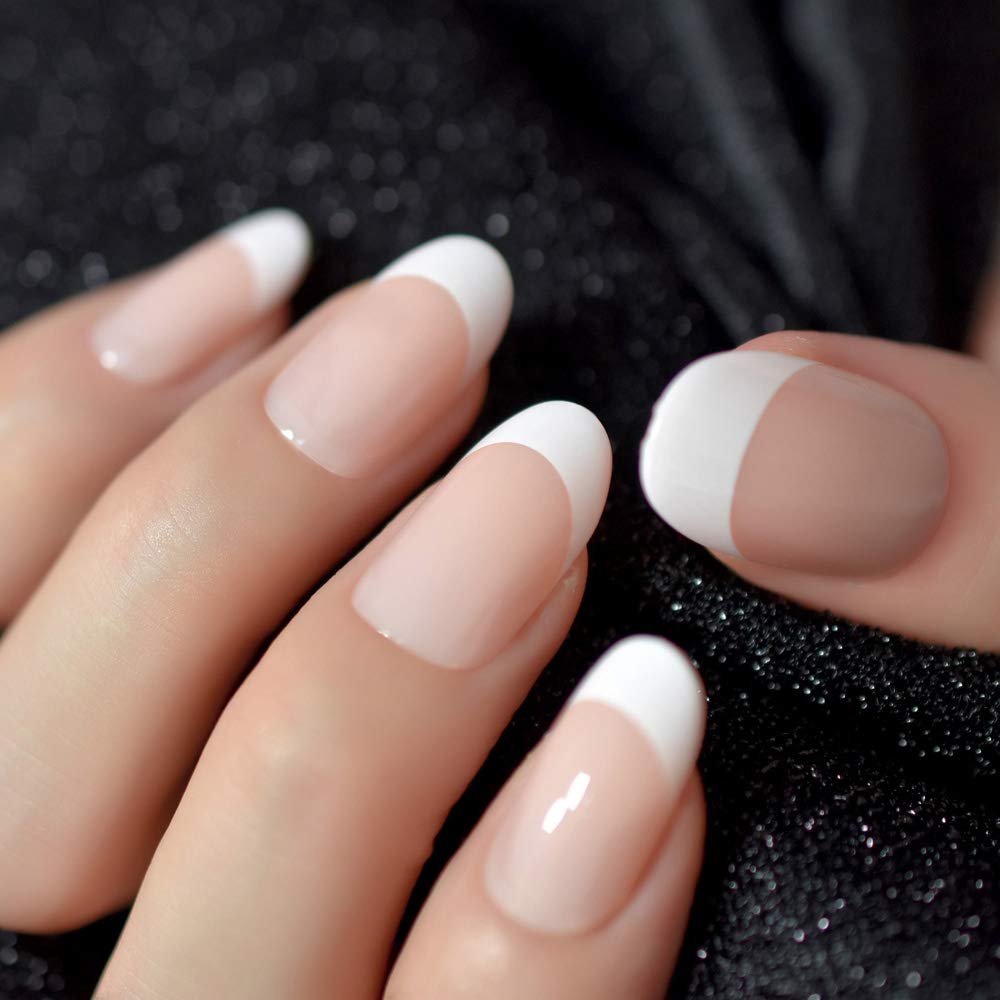 24-Pack Beige Acrylic French Fake Nails - Medium Length Oval Artificial Nails with Salon Nail Art Tips for Manicure & Nail Extension | Perfect for Weddings, Parties & Daily Wear