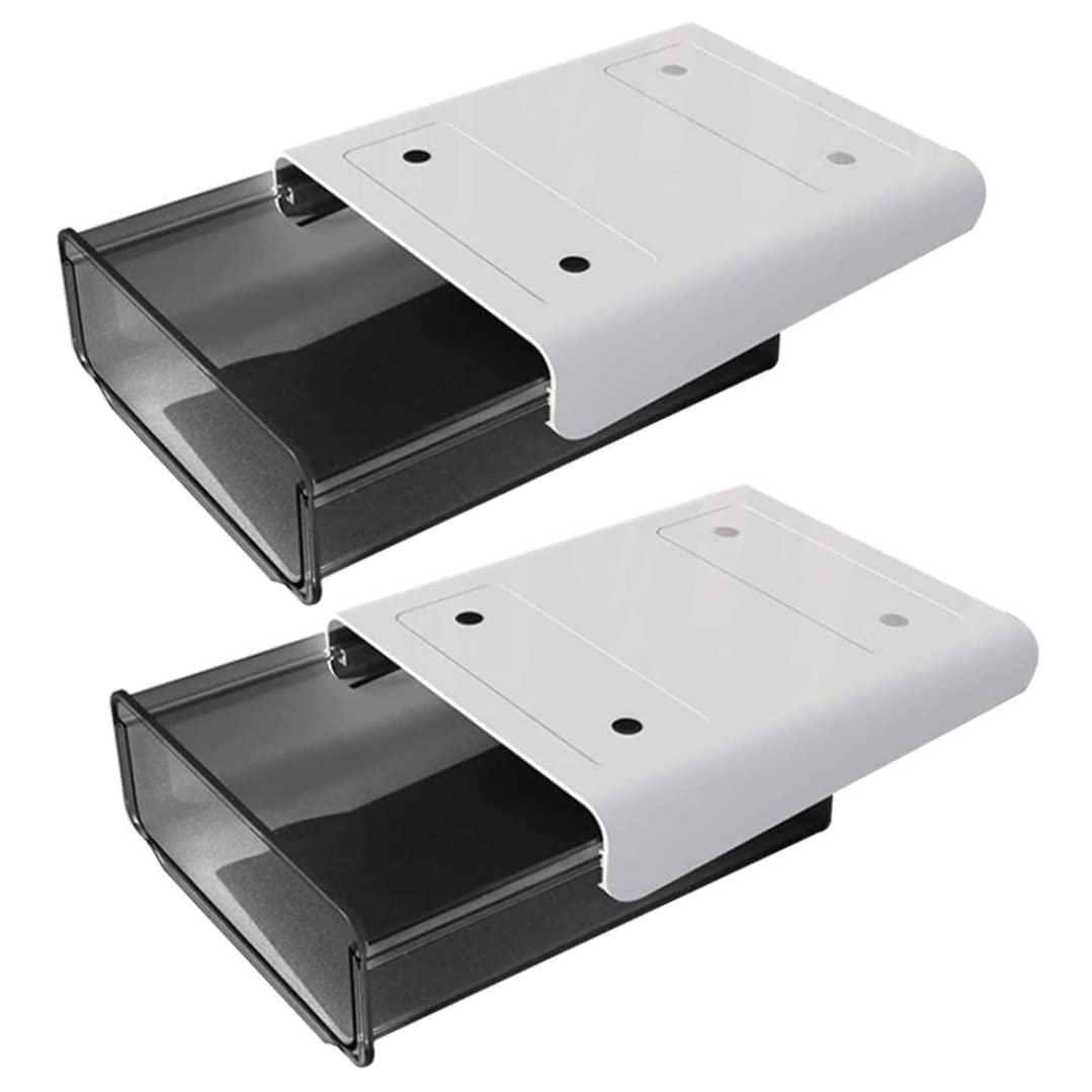 Under Desk Drawers Organizer - 2 Pack Black Plastic Storage Box with Self-Adhesive, Invisible Hanging Pencil Holder for Office, Study & Home Workspace Organization