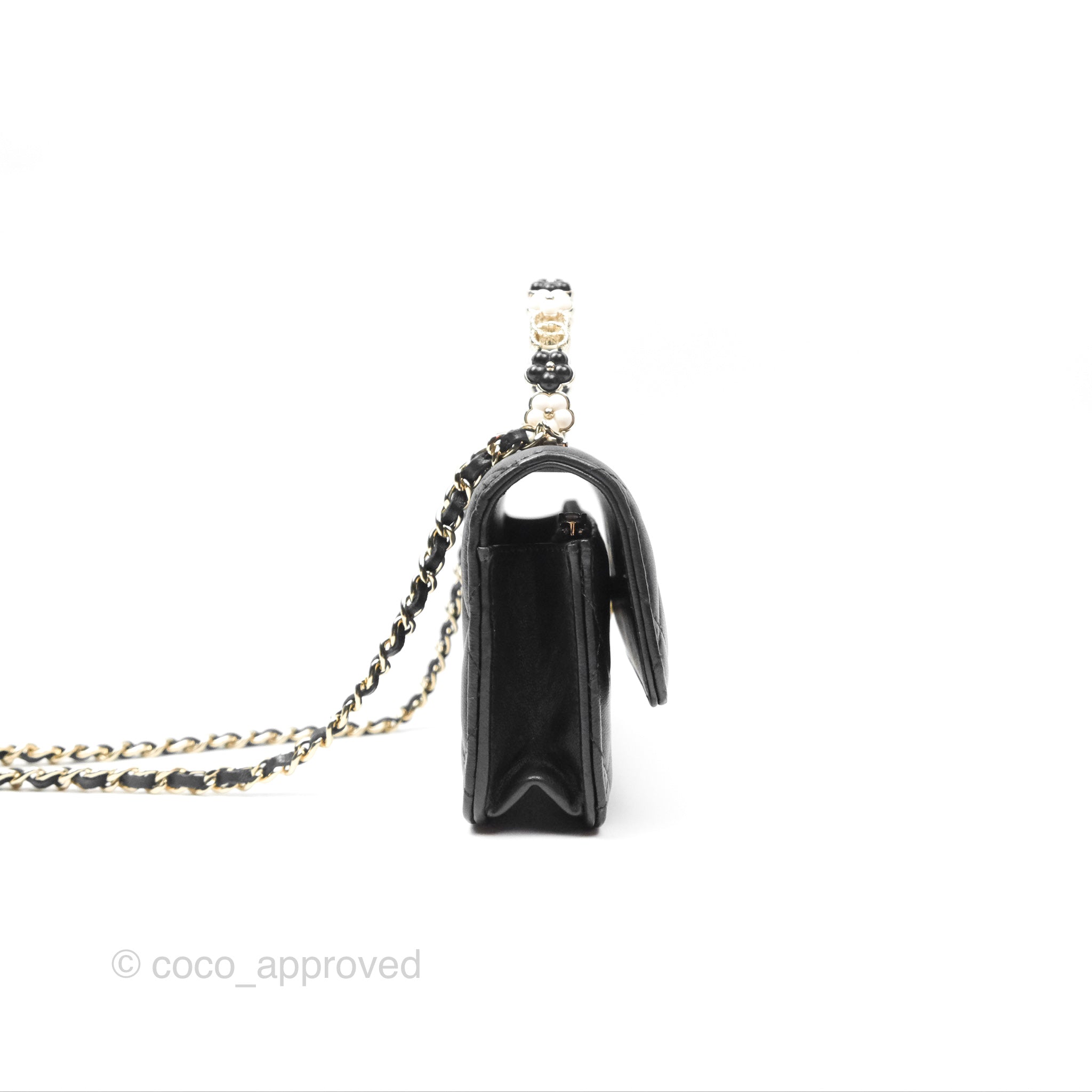 Chanel Camellia Handle Mini WOC Phone Holder Crossbody Bag with Chain - Black Lambskin Leather 23K Gold Hardware | Luxury Evening Out & Date Night Accessory
