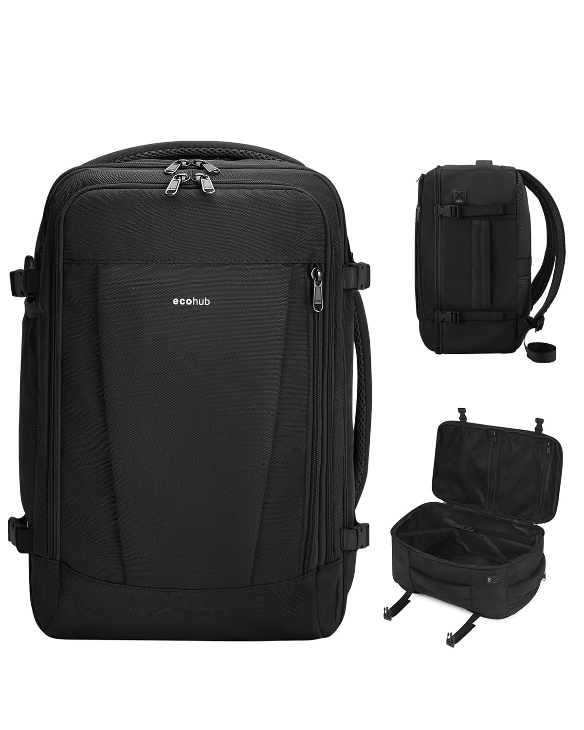 ECOHUB 17 Inch Flight Approved Travel Backpack - Water Resistant Carry On Backpack with 13 Pockets, USB Charging Port & Luggage Sleeve - Perfect Personal Item Bag for Air Travel, Commuting & Outdoor Adventures (Black)