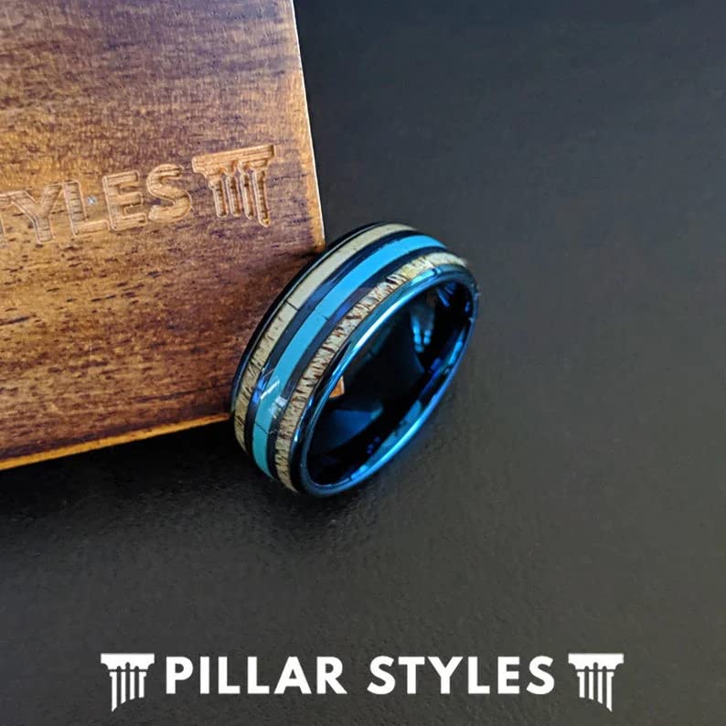 Men's 8mm Blue Tungsten Wedding Band with Turquoise Inlay - Unique Deer Antler Nature Ring for Grooms, Outdoor Enthusiasts & Nature Lovers - Perfect for Weddings, Anniversaries, Camping & Outdoor Adventures