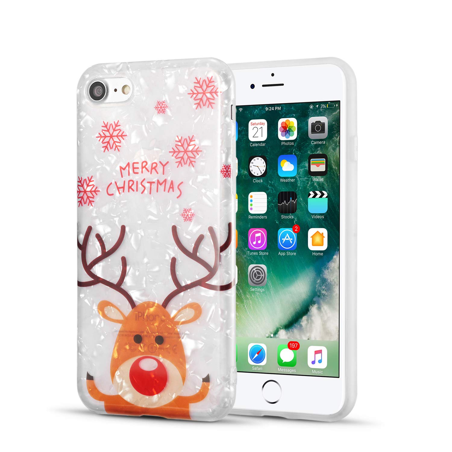 Christmas Cartoon TPU Phone Case for iPhone 7 Plus/8 Plus - Cute Elk Snow Pattern Soft Slim Protective Cover | Holiday Gift, Winter Theme, Party Accessory