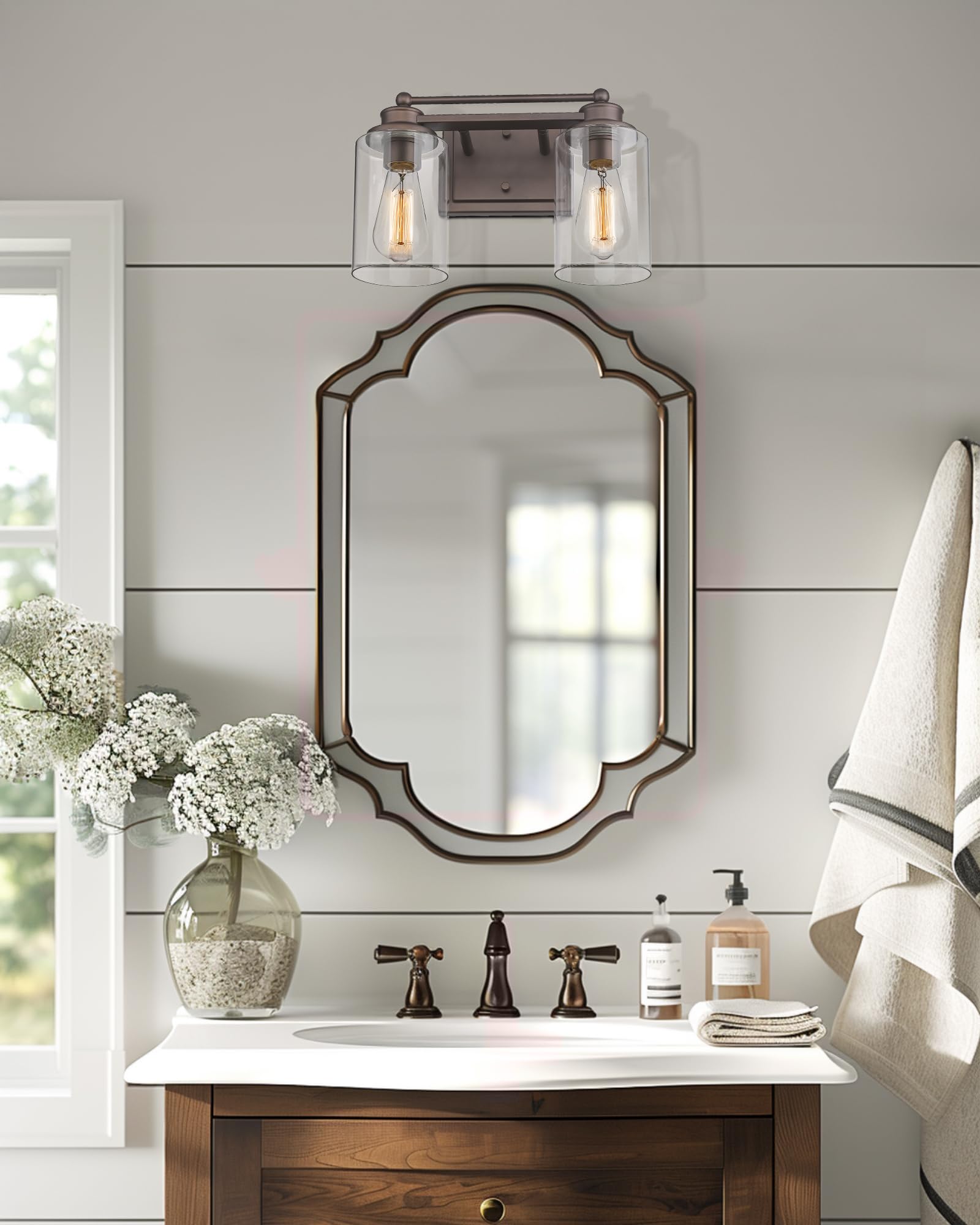 HWH Farmhouse 2-Light Bathroom Vanity Wall Sconce with Oil-Rubbed Bronze Finish - Perfect for Mirror Lighting, Dressing Table & Powder Room Decor (Model: 5HLT63B-2W ORB) | Elegant Wall Lighting for Modern and Rustic Bathrooms