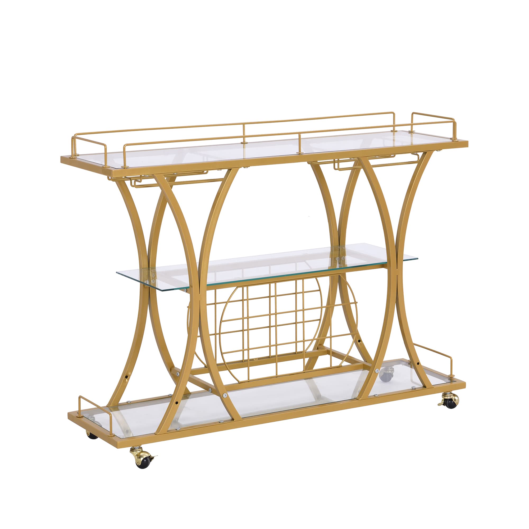 Yoluckea 3-Tier Glass Bar Cart with Wine Rack & Glass Holder - Tempered Glass Shelves, Lockable Wheels - Mobile Kitchen Storage for Wine, Cocktails & Entertaining - Perfect for Home Bars, Dining Rooms & Outdoor Parties