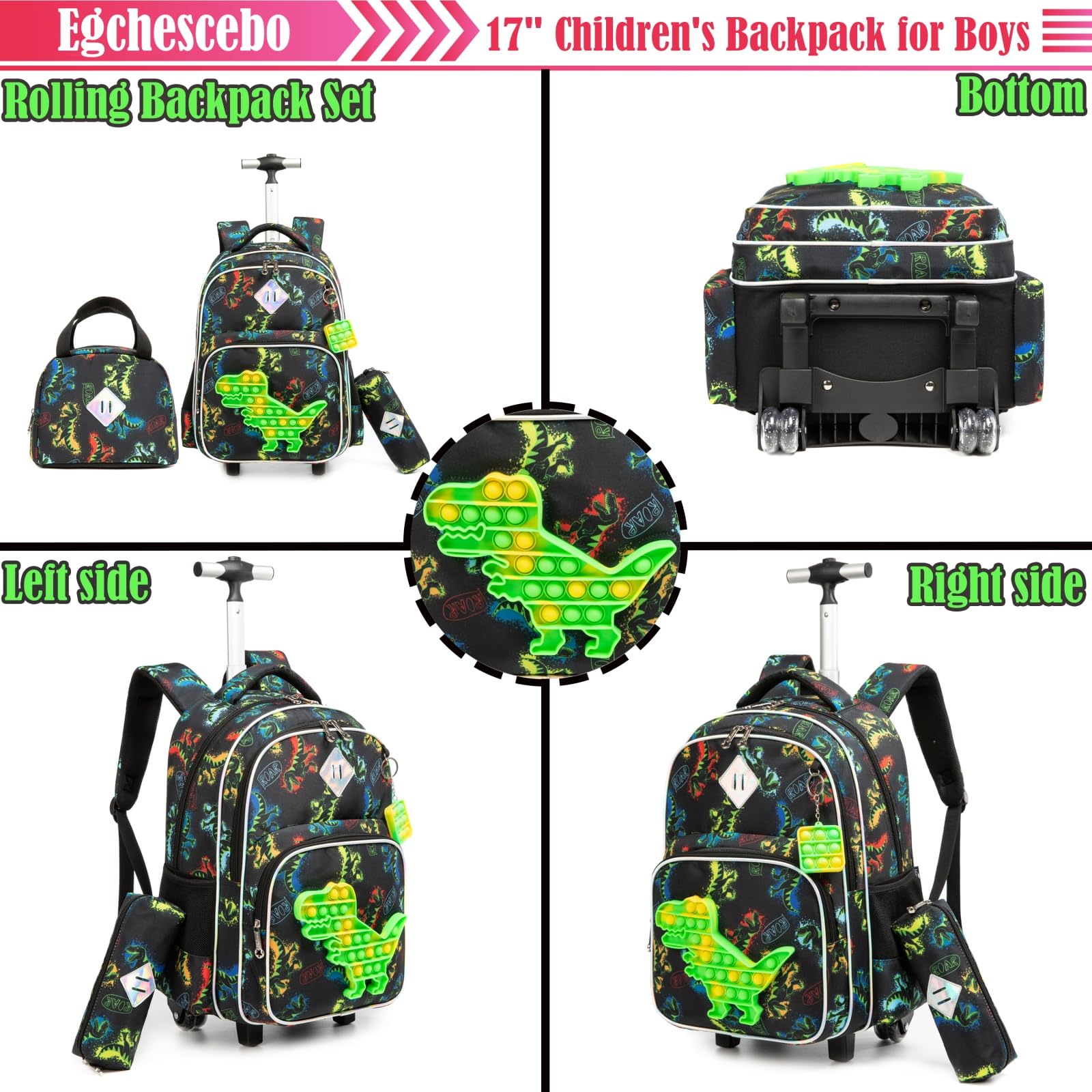Egchescebo Rolling Backpack for Girls - Lightweight Wheeled School Backpack with Telescopic Handle, Durable Kids Travel Luggage for School, College, Travel & Daily Use
