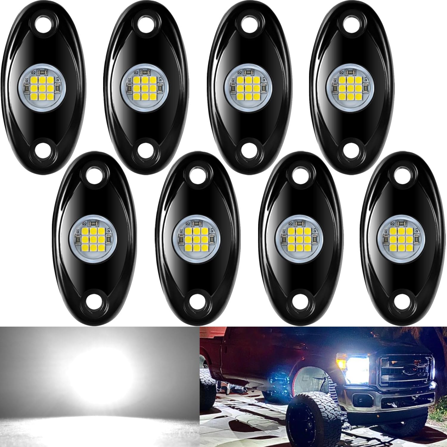 8 Pods LED Rock Light Kit - Waterproof Underglow Neon Lights for ATV, SUV, Offroad Car, Truck & Boat - White | Perfect for Night Off-Roading, Trail Rigs & Underbody Glow