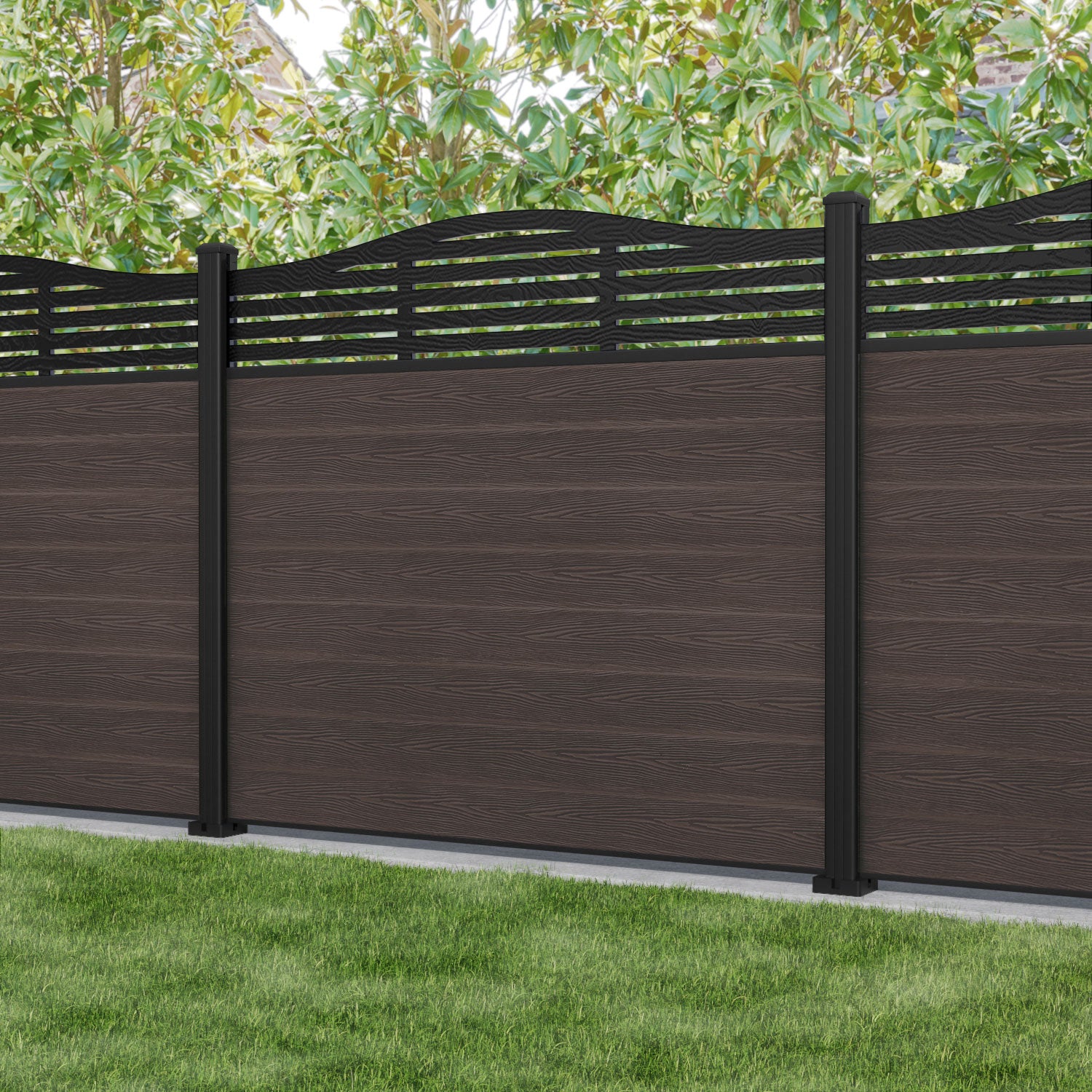 Classic Aspen Curved Top Fence Panel - Mid Brown Wood Privacy Fence with Aluminum Posts | Durable Outdoor Garden Fence for Backyard, Patio, and Poolside Landscaping