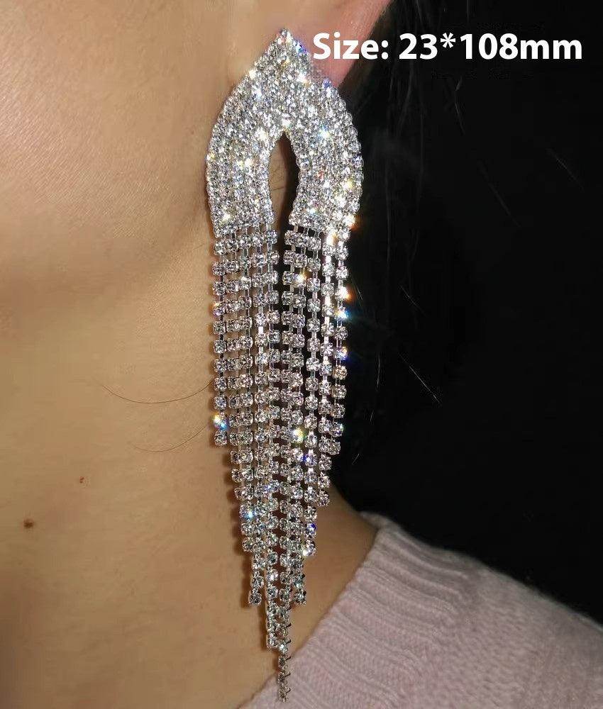 Sparkling Rhinestone Long Tassel Drop Earrings for Women - Elegant Stud Ear Clips - Perfect for Parties, Weddings & Evening Events