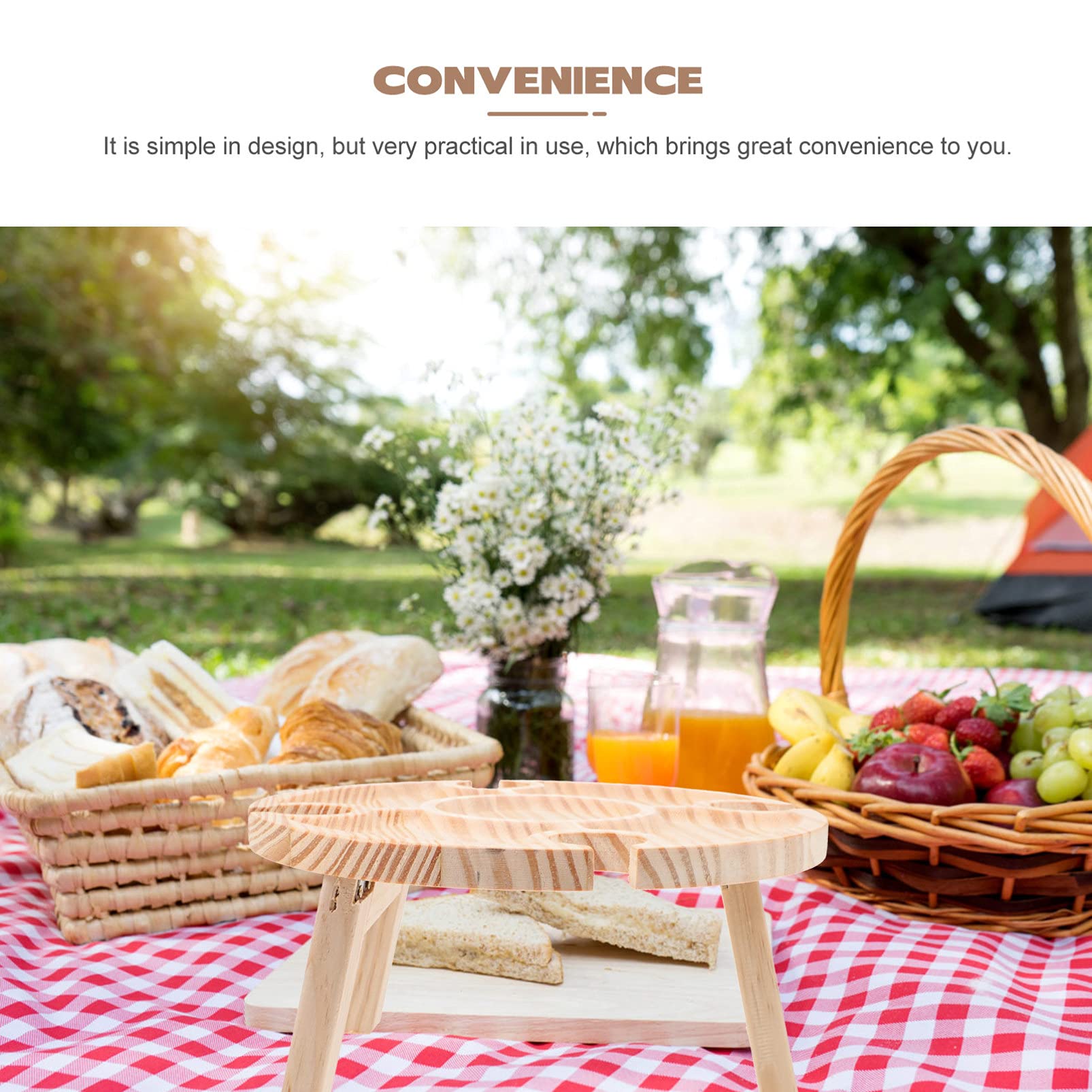 1pc Portable Round Wooden Picnic Table - Outdoor Food Serving Desk, Snack Table, Household Wine & Glass Table for Picnics, Camping, BBQs & Home Entertaining