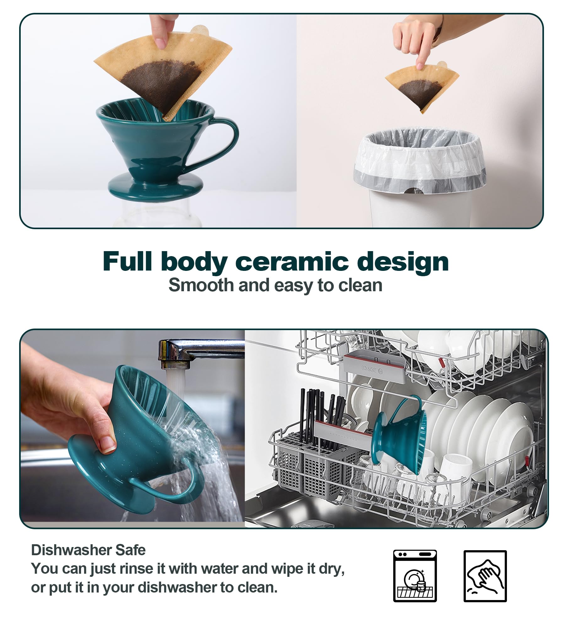 Premium Ceramic Pour Over Coffee Dripper - V60 Style 02 Size (1-4 Cup) Manual Coffee Maker for Home, Office & Cafe - Dark Green | Perfect for Specialty Coffee Brewing & Gift Giving
