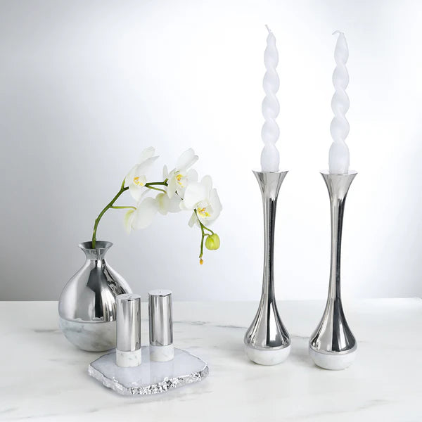 Elegant Marble & Silver Dual Candle Holders Set of 2 - Perfect for Wedding Centerpieces, Romantic Dinner Decor & Home Tabletop Display