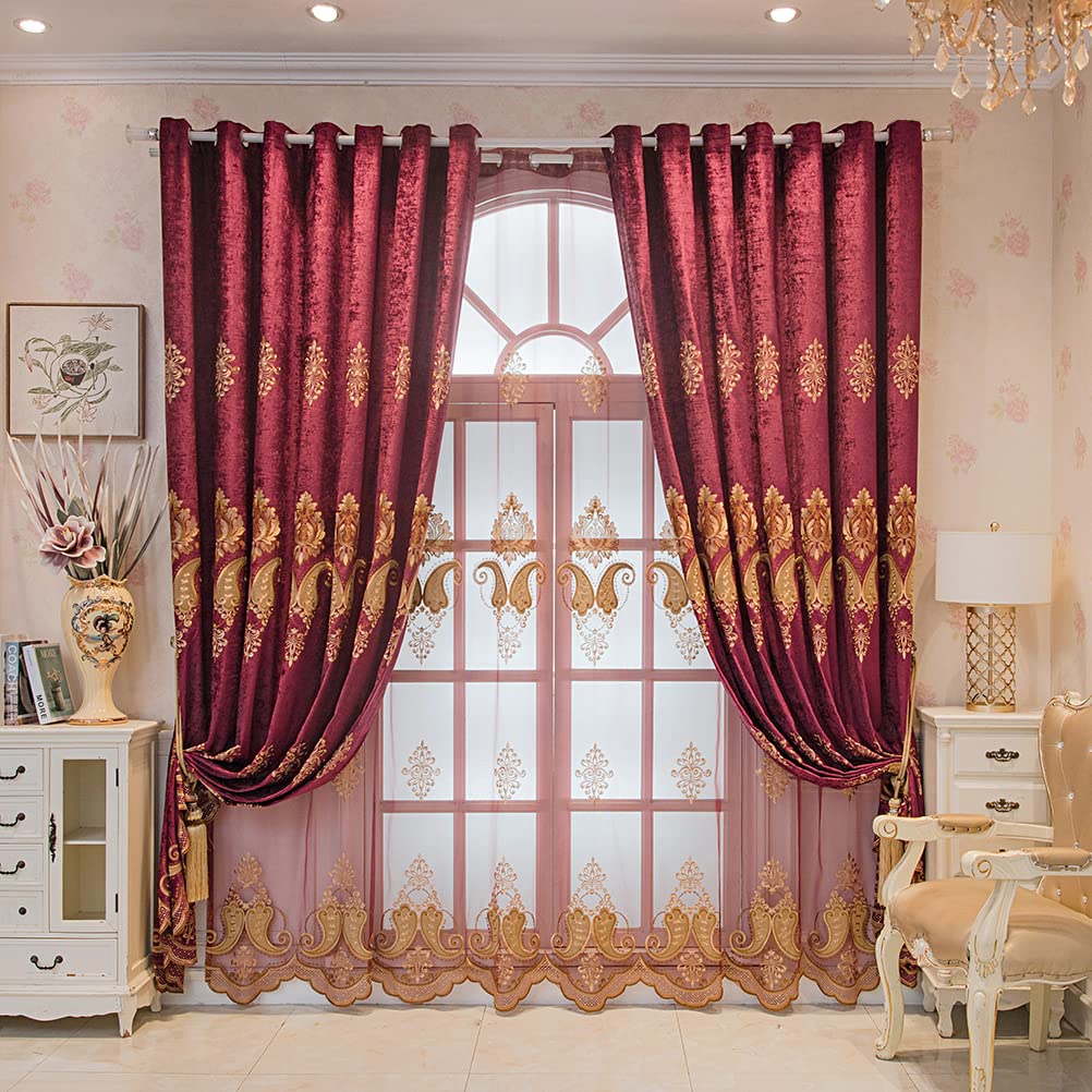 ELKCA Burgundy Red Chenille Curtains with Embroidered Pattern - European Style Living Room Drapes, Holiday Festival Window Treatments, Grommet Top (52