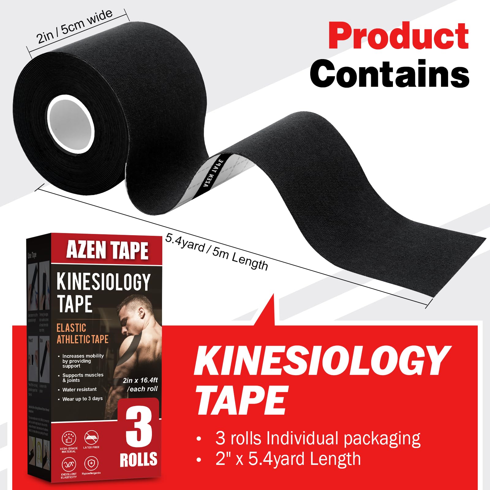 AZEN 3 Rolls Kinesiology Tape - 16.4 ft Waterproof Athletic Tape for Joint Support & Muscle Pain Relief - Uncut Muscle Tape, Knee Tape for Sports Injuries - Black - Ideal for Running, CrossFit & Post-Workout Recovery
