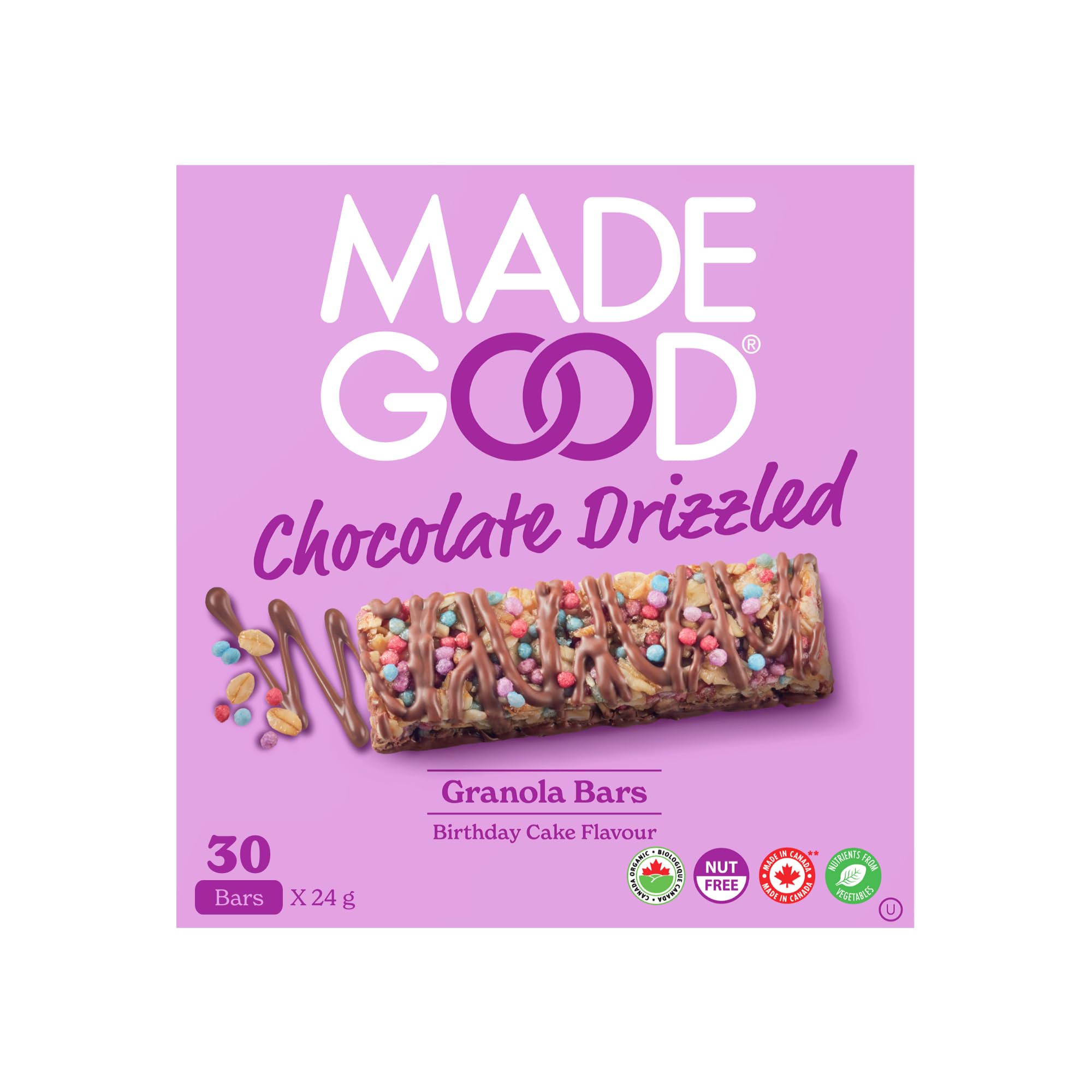 MadeGood Chocolate Drizzled Granola Bars, Birthday Cake Flavor, 24g (30 Count) - Gluten Free, Vegan, School Safe Snacks for Kids Lunch, After School Treats & On-the-Go Healthy Snacking
