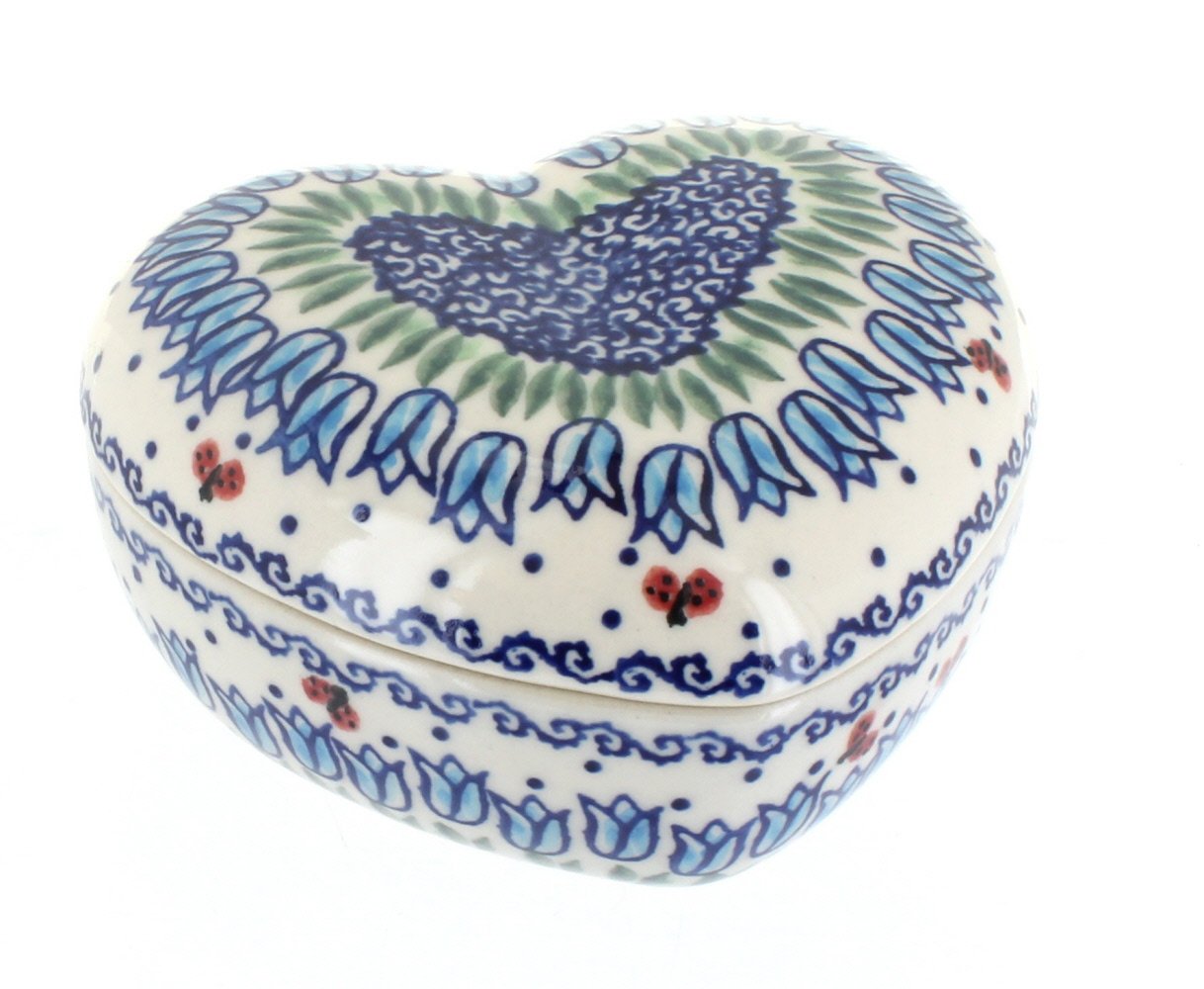 Handmade Blue Rose Polish Pottery Heart Box - Large Tulip Garden Decor for Home, Wedding, Gift & Collectible